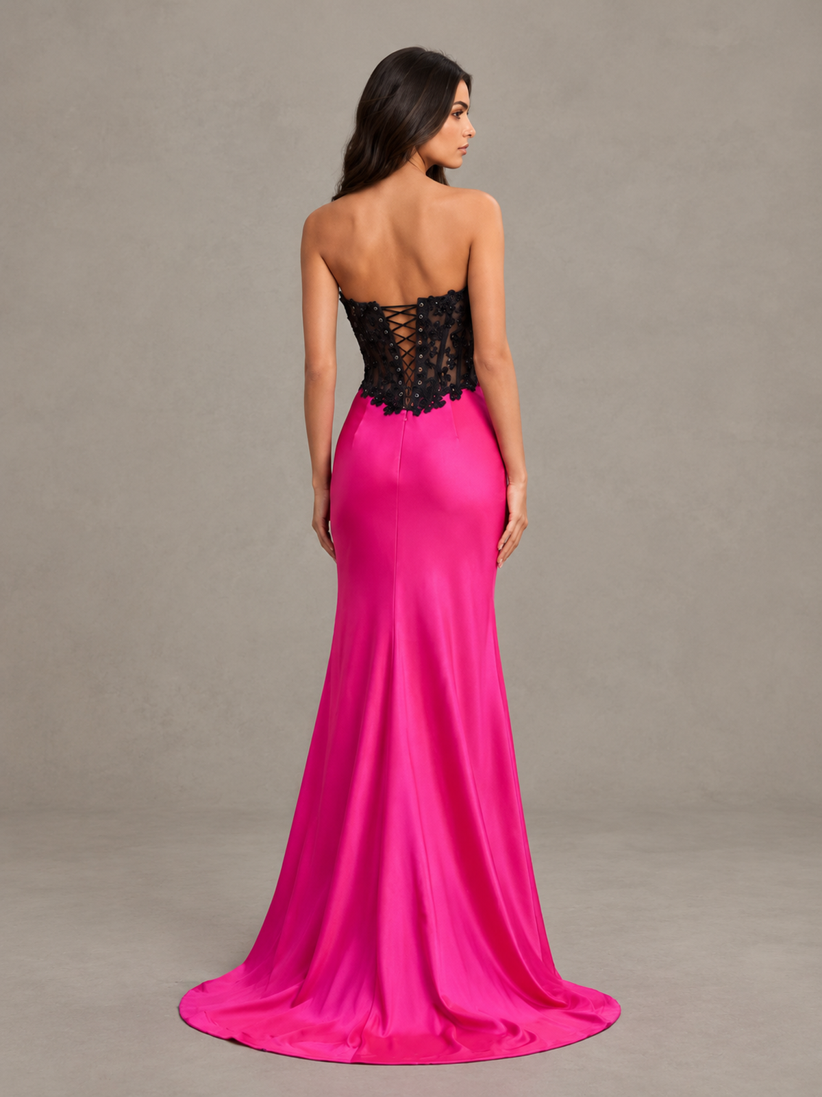 Hot Pink Strapless Floral Applique Prom Dress with High Slit - Hot Pink - Hot Pink (2)
