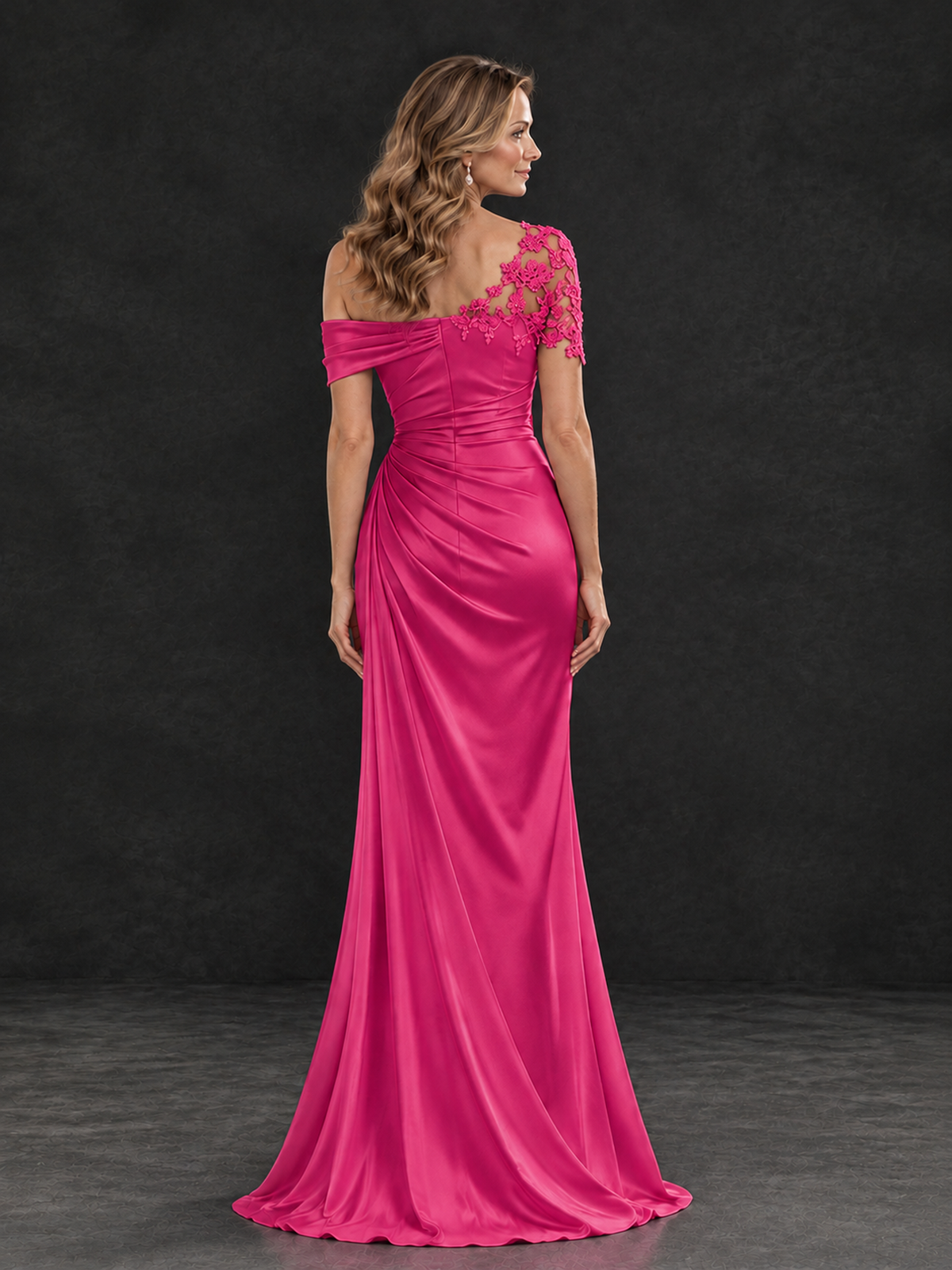 BOLODOO Hot Pink Asymmetric Satin Mother of the Bride Dress with Lace Sleeve - Hot Pink - Hot Pink (2)