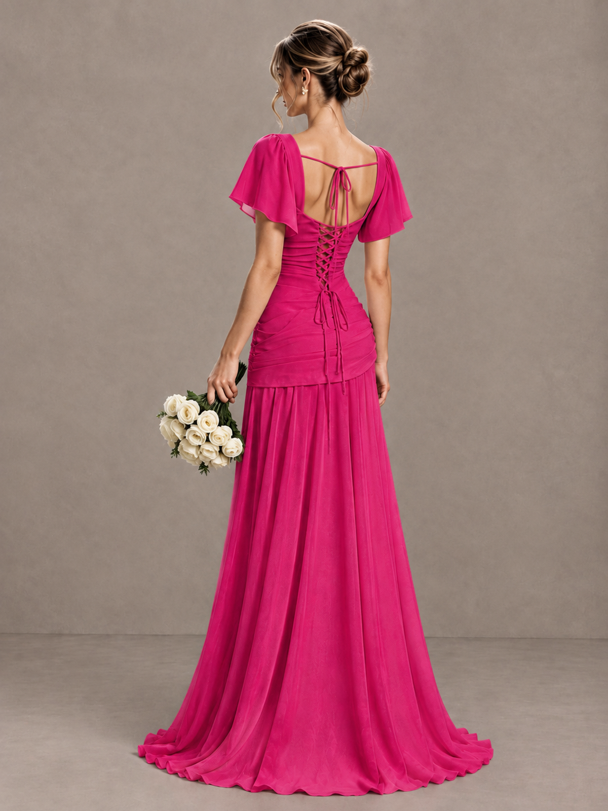 BOLODOO Hot Pink Flutter Sleeve Lace-Up Back Maxi Dress - Hot Pink - Hot Pink (2)