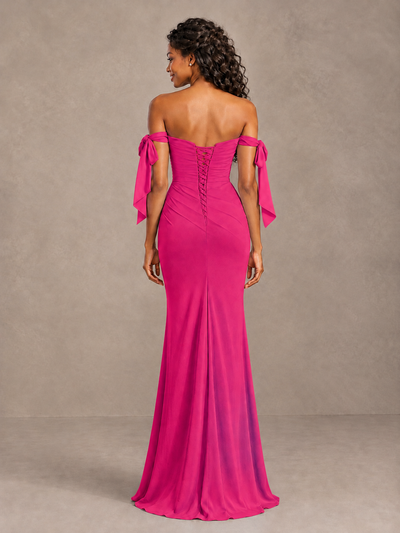 Hot Pink Off-Shoulder Bow Bridesmaid Dress with Slit - Hot Pink - Hot Pink (2)
