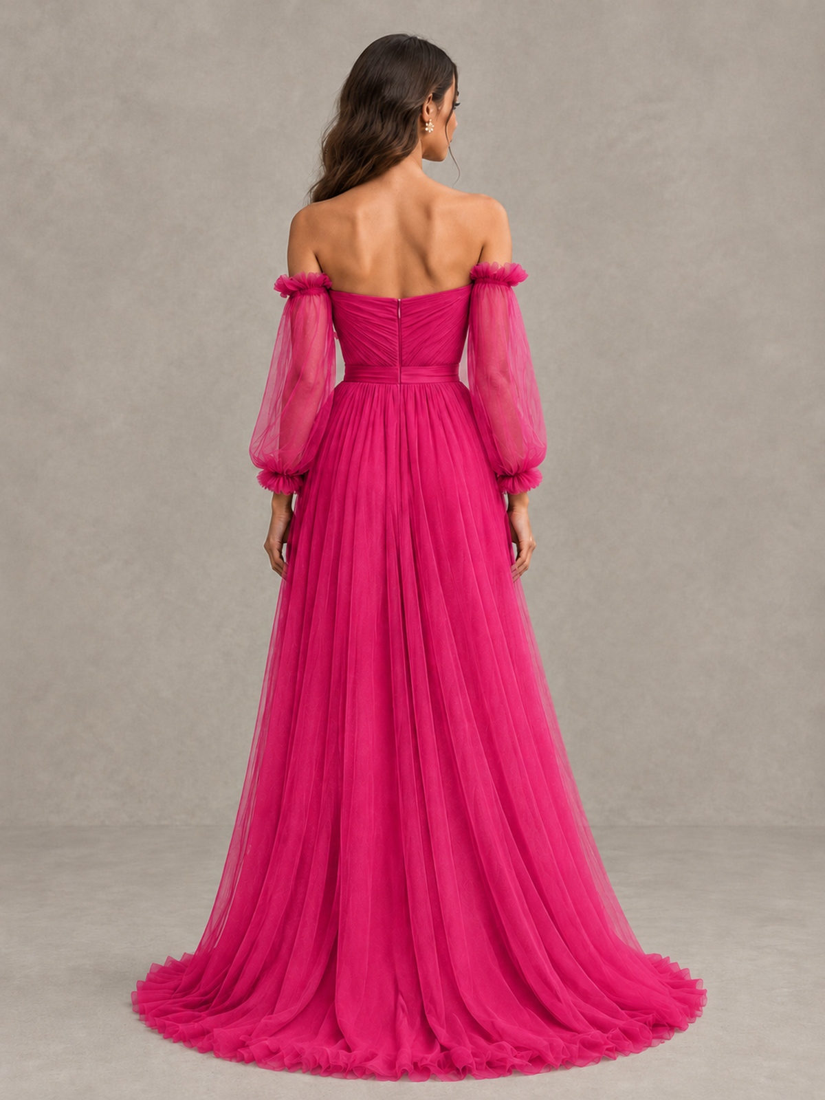 BOLODOO Hot Pink Off-the-Shoulder Long Sleeve A-Line Bridesmaid Dress - Hot Pink - Hot Pink (2)