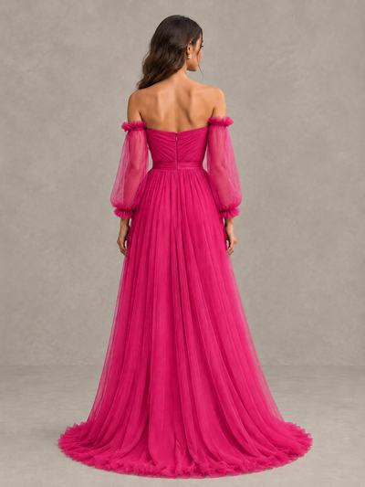BOLODOO Hot Pink Off-the-Shoulder Long Sleeve A-Line Bridesmaid Dress - Hot Pink - Hot Pink (2)