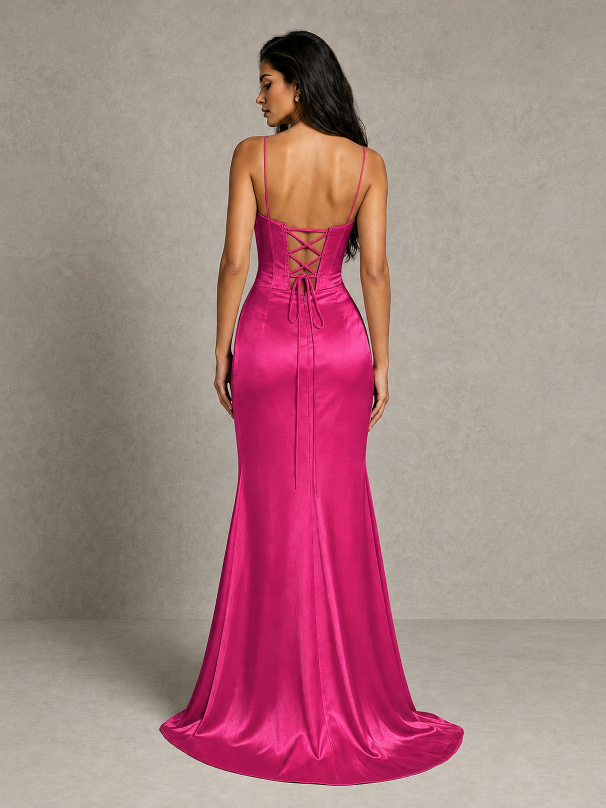 BOLODOO Hot Pink Satin Corset Prom Dress with High Slit & Lace-Up Back - Hot Pink - Hot Pink (2)