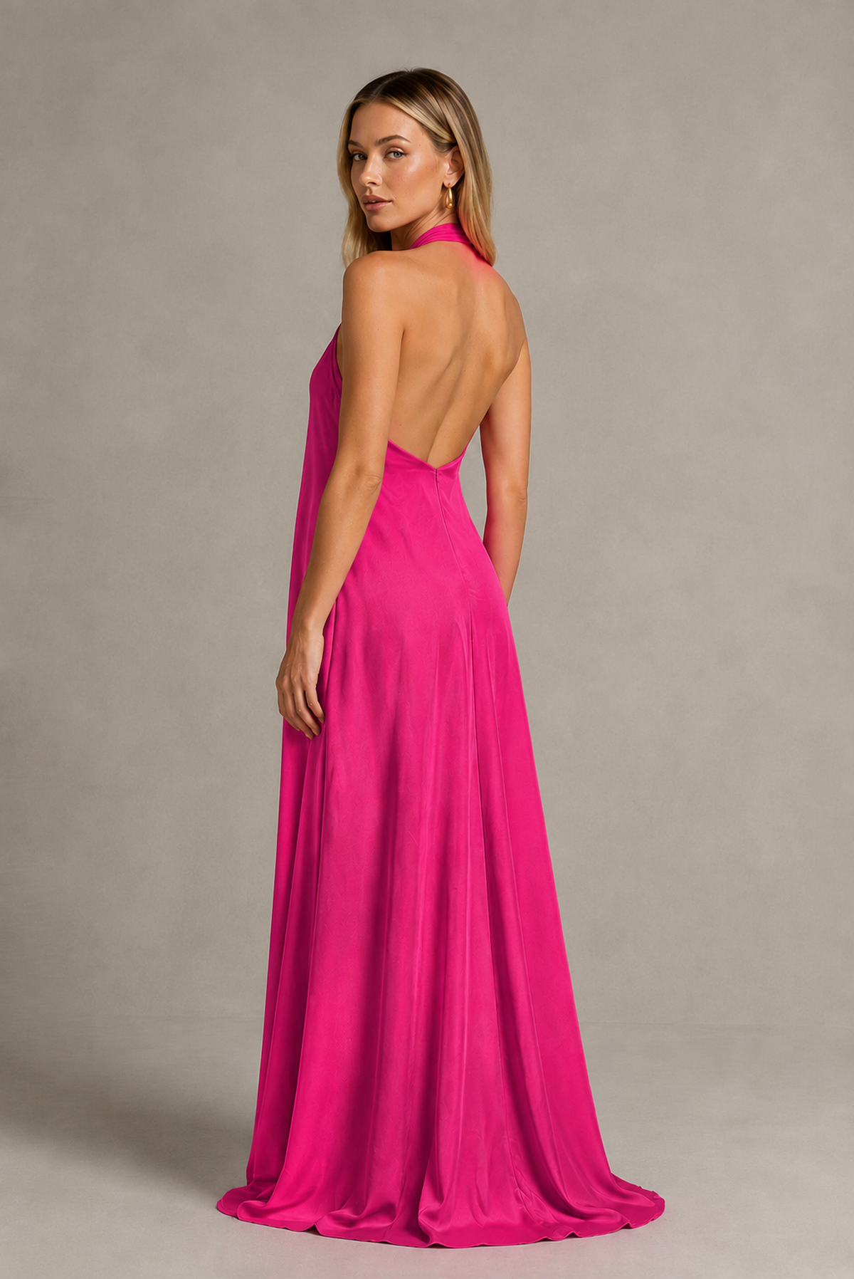 BOLODOO Hot Pink Backless Halter Satin Bridesmaid Dress - Hot Pink
