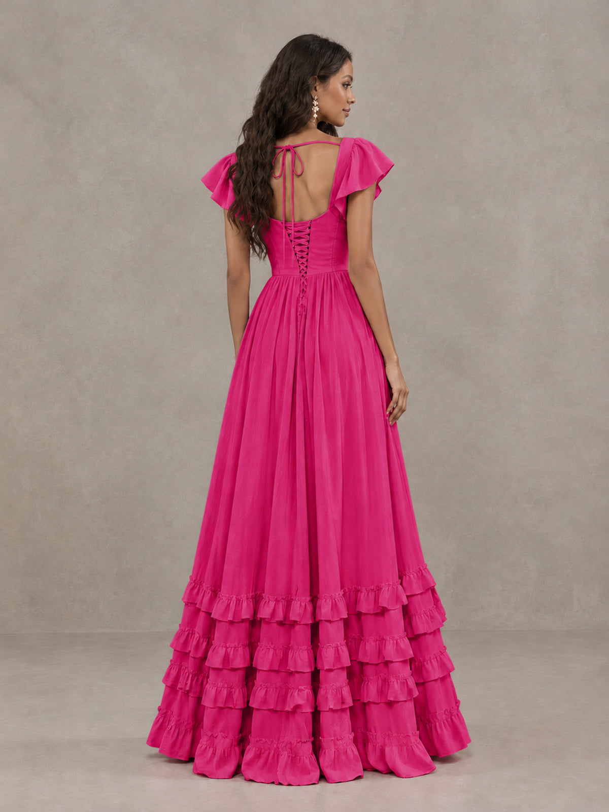 BOLODOO Hot Pink Flutter Sleeve Ruffle Bridesmaid Dress with Slit - Hot Pink - Hot Pink (2)