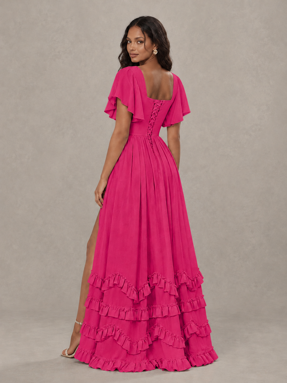 BOLODOO Hot Pink V-Neck Flutter Sleeve Ruffle Bridesmaid Dress with Slit - Hot Pink - Hot Pink (2)