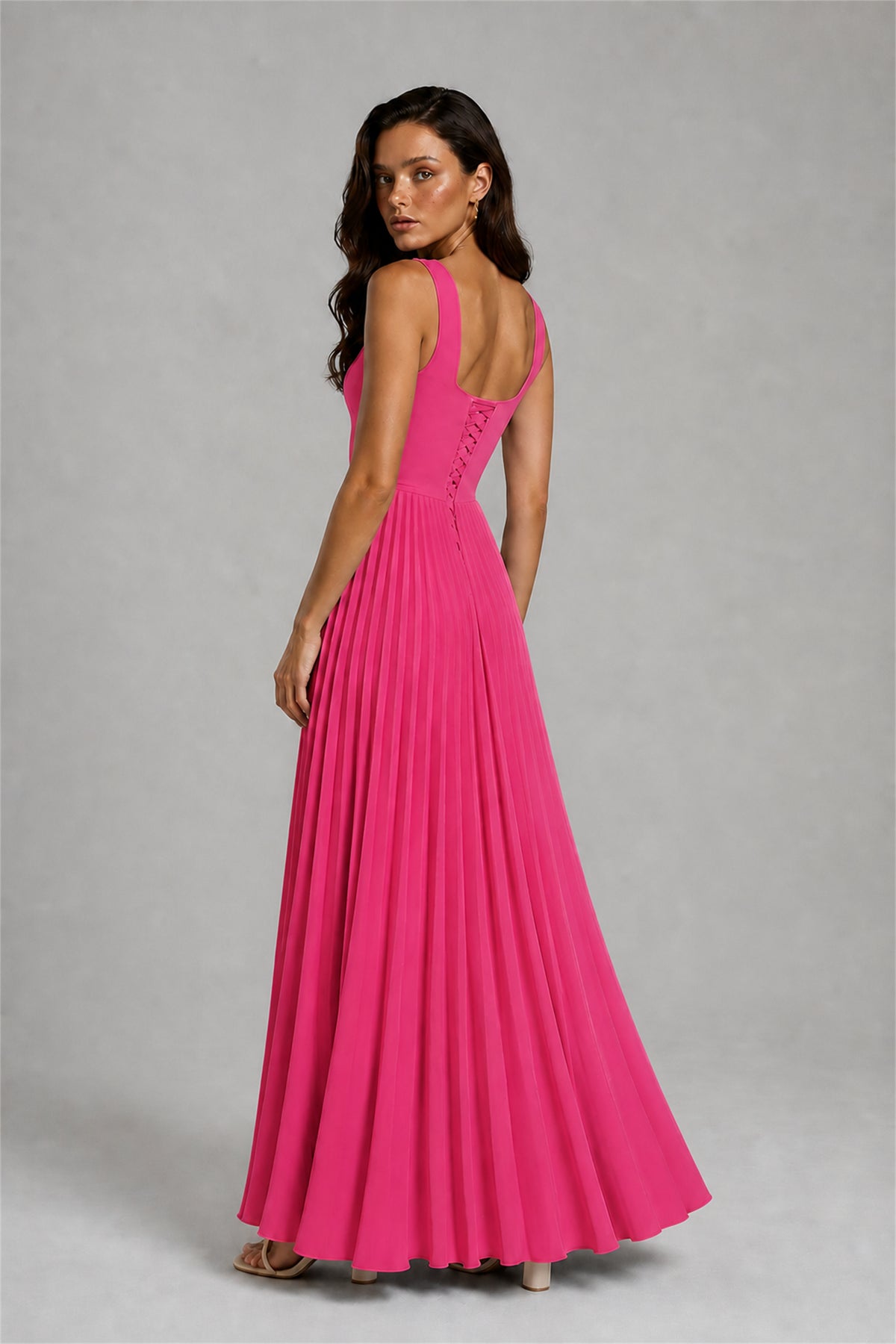 BOLODOO Hot Pink Square Neck Wide Strap Lace-Up Back Pleated A-Line Chiffon Maxi Dress - Hot Pink