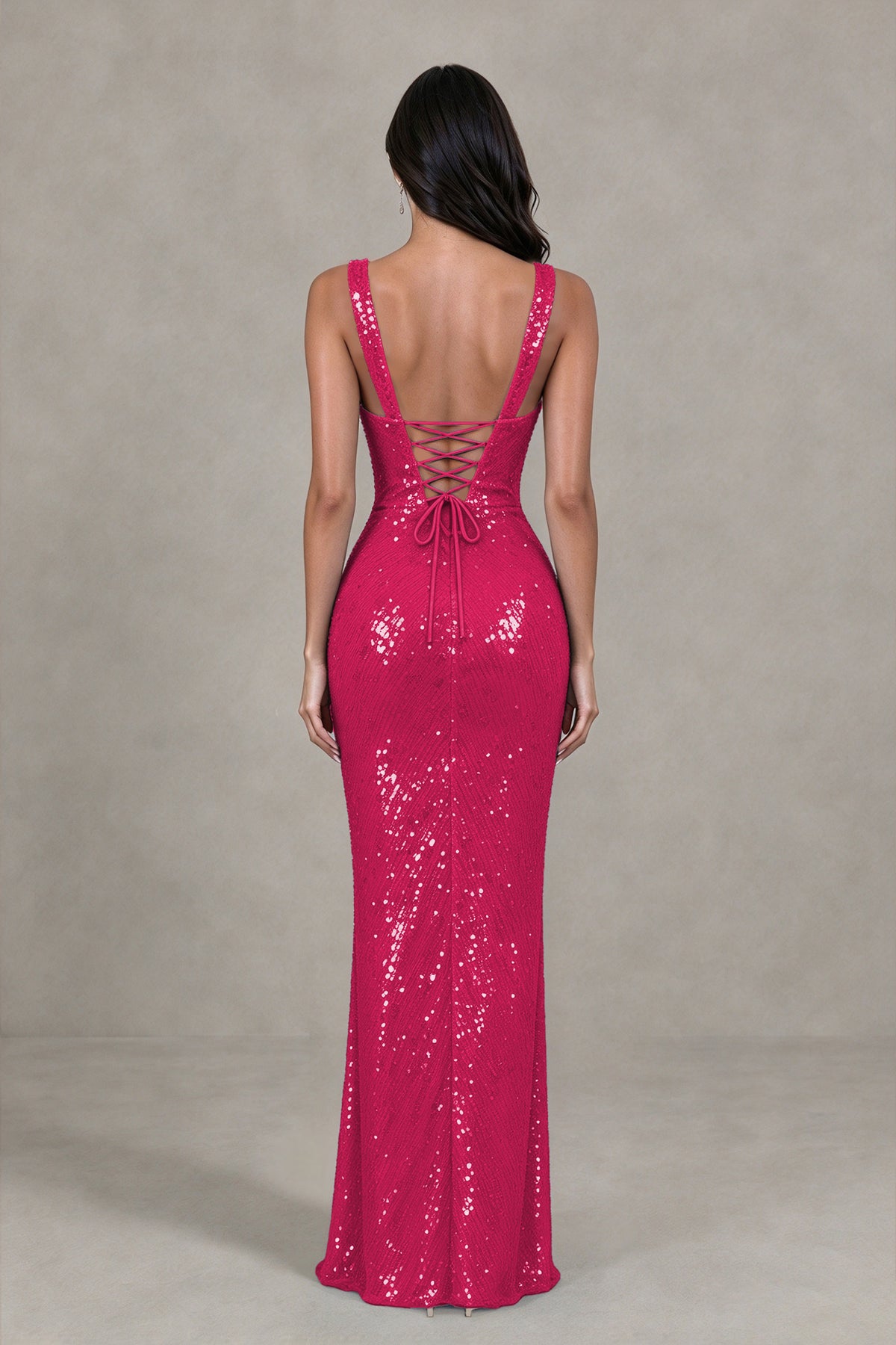 BOLODOO Hot Pink Sequin Deep V-Neck Lace-Up Back High-Slit Evening Dress - Hot Pink - Hot Pink (2)