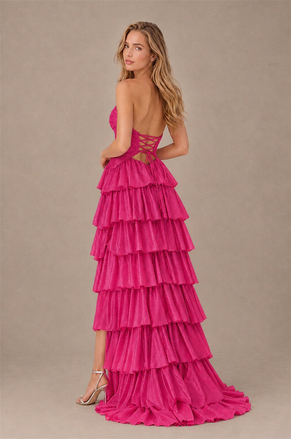 BOLODOO Hot Pink Strapless Cutout Tiered Ruffle Prom Dress with High Slit - Hot Pink - Hot Pink (2)