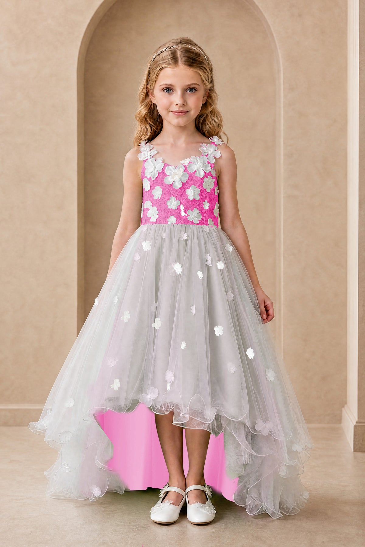 BOLODOO Hot Pink Flower Girl Dress with Floral Appliqué and High-Low Tulle Skirt - Hot Pink