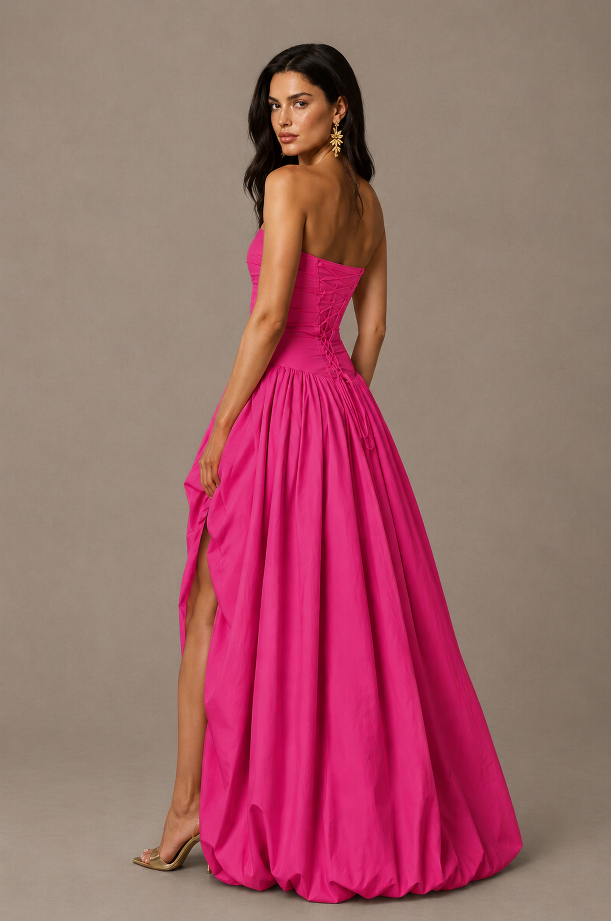 BOLODOO Hot Pink Strapless Ruched Corset Lace-Up Back Bubble Skirt High Slit Taffeta Maxi Dress - Hot Pink