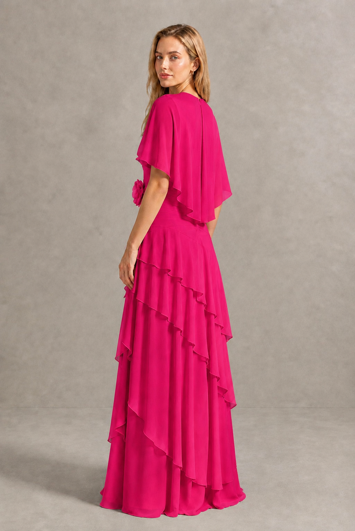 BOLODOO Hot Pink Chiffon Flutter Sleeve Tiered Maxi Dress with 3D Rosette - Hot Pink