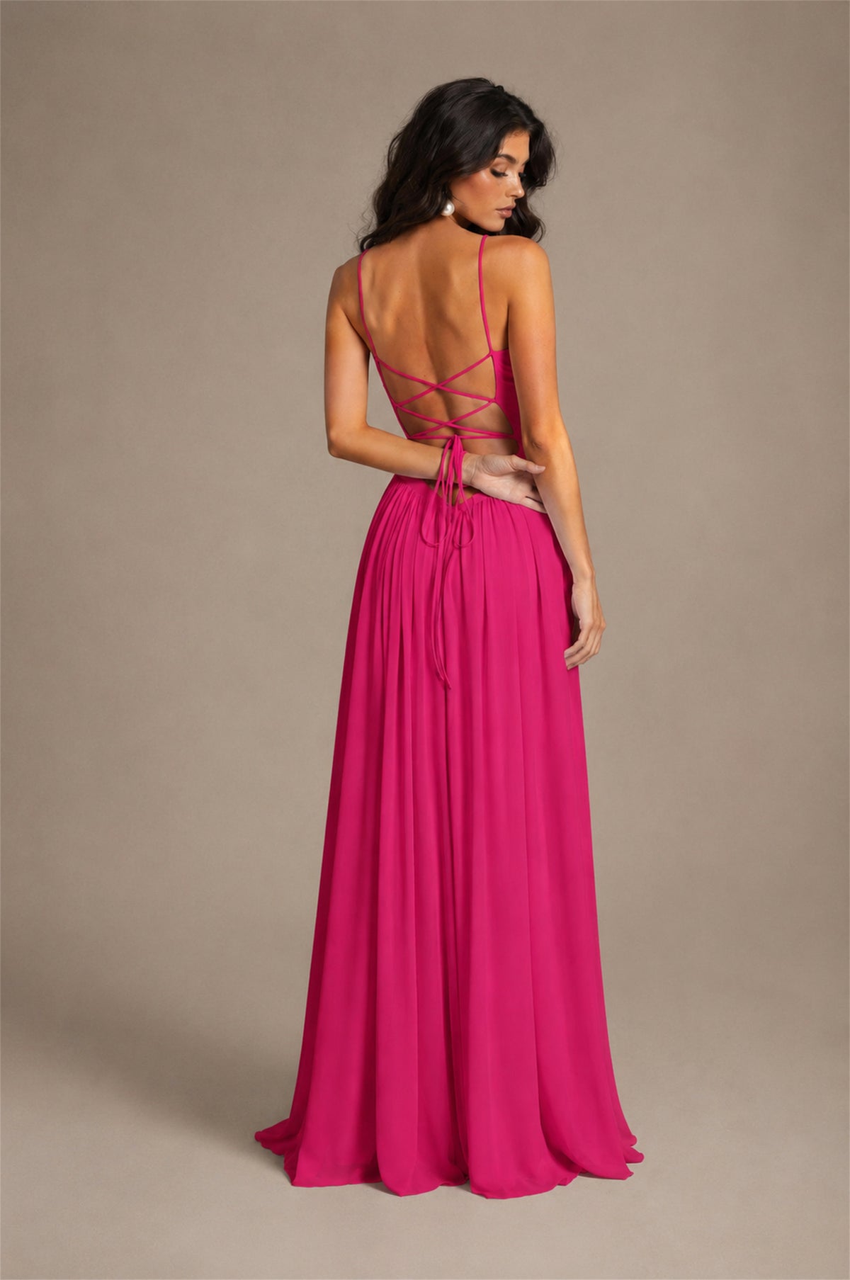 BOLODOO Hot Pink Spaghetti Strap Square Neck Ruched Chiffon Maxi Dress with Lace-Up Back - Hot Pink