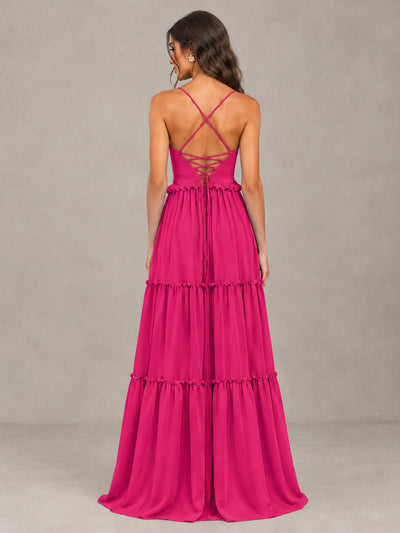 BOLODOO Hot Pink Tiered V-Neck Lace-Up Back Bridesmaid Dress - Hot Pink - Hot Pink (2)