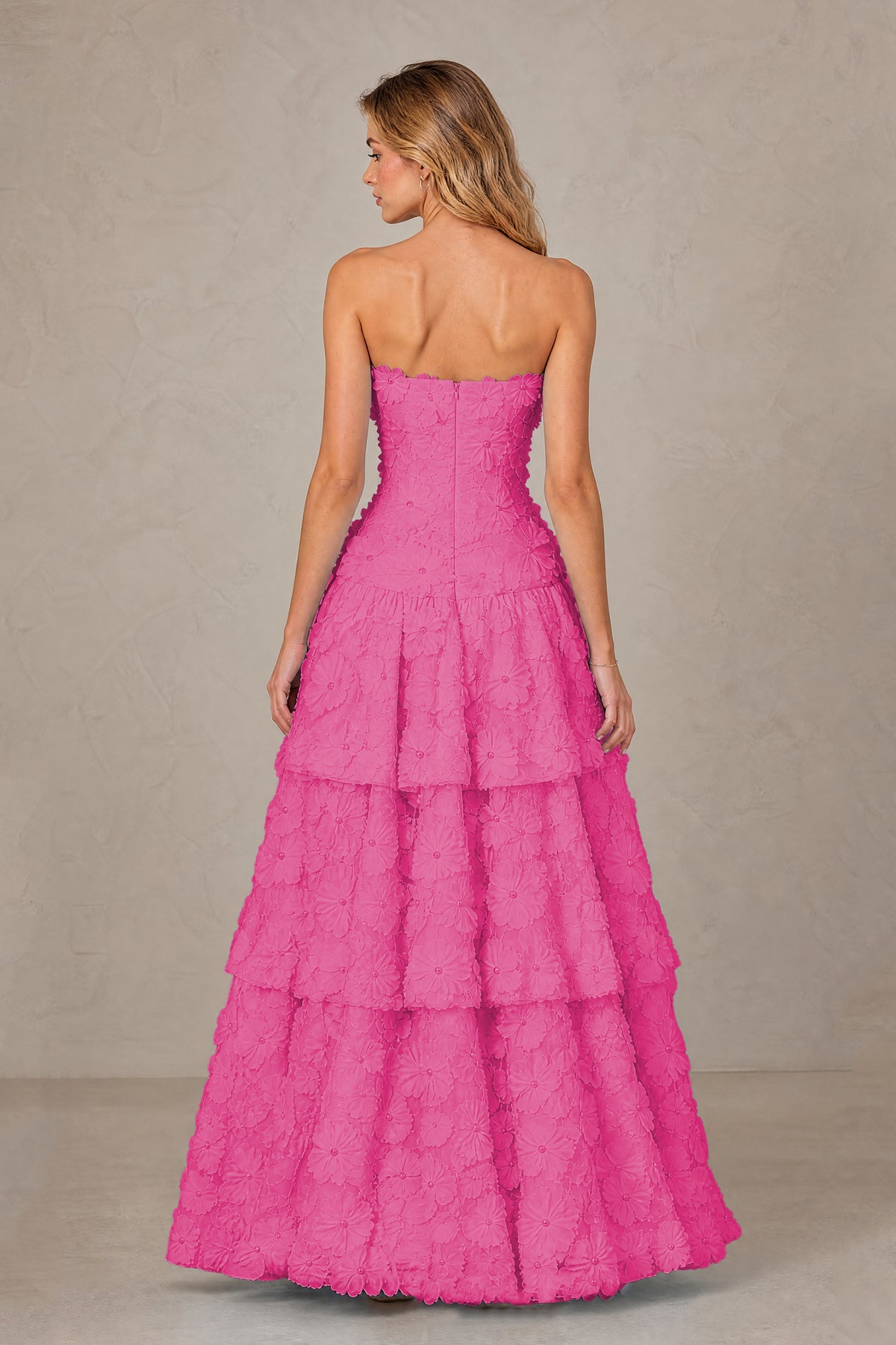 BOLODOO Hot Pink Strapless 3D Floral Tiered Evening Gown - Hot Pink