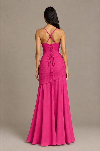 BOLODOO Square Neck Ruched A-Line Maxi Dress - Hot Pink Backless Evening Gown - Hot Pink