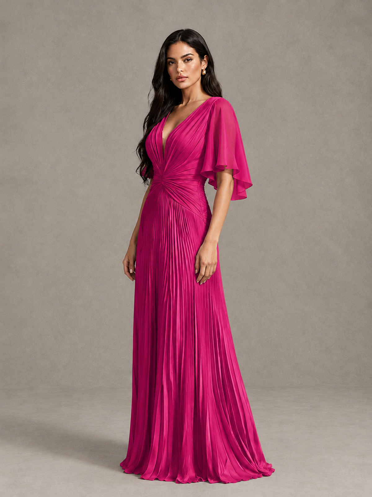 BOLODOO Hot Pink Pleated V-Neck Flutter Sleeve Bridesmaid Dress - Hot Pink - Hot Pink (2)