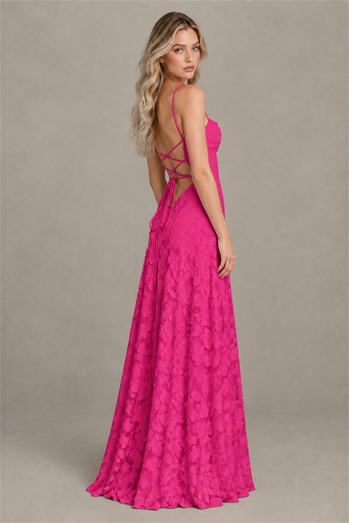 BOLODOO Hot Pink Floral Appliqué Lace-Up Back Maxi Dress - Hot Pink