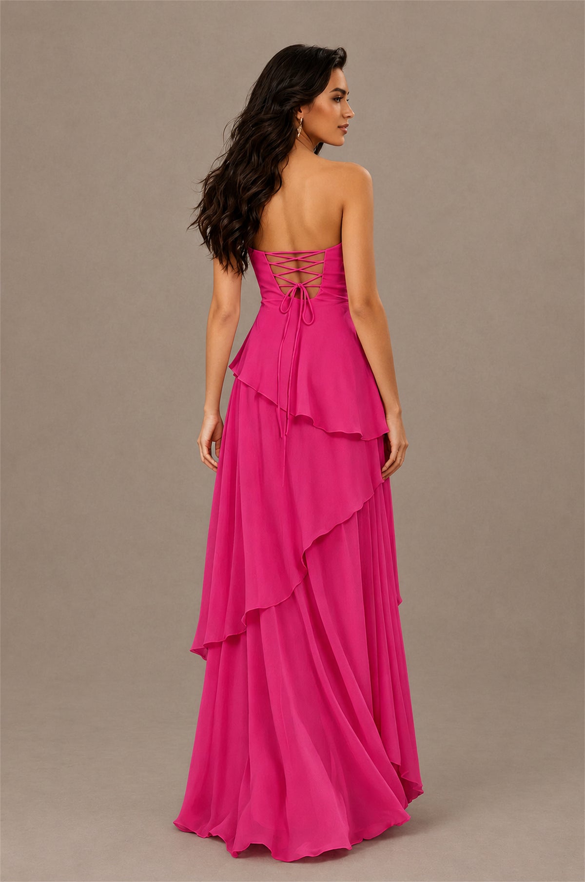 BOLODOO Hot Pink Strapless Sweetheart Knotted Chiffon Tiered Maxi Dress with Lace-Up Back - Hot Pink
