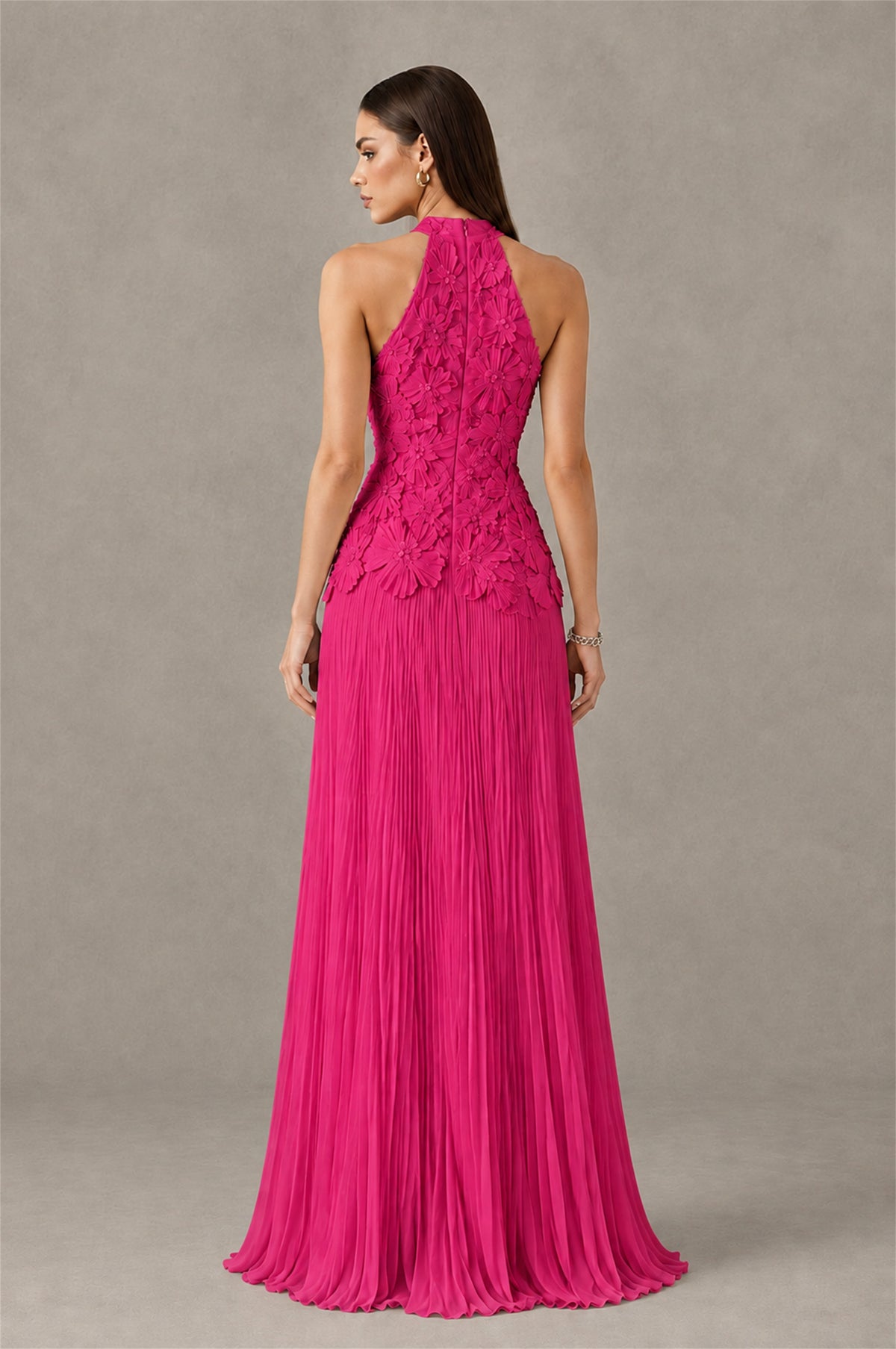 BOLODOO Hot Pink 3D Floral Applique Halter Neck Open Back Pleated Maxi Dress - Hot Pink