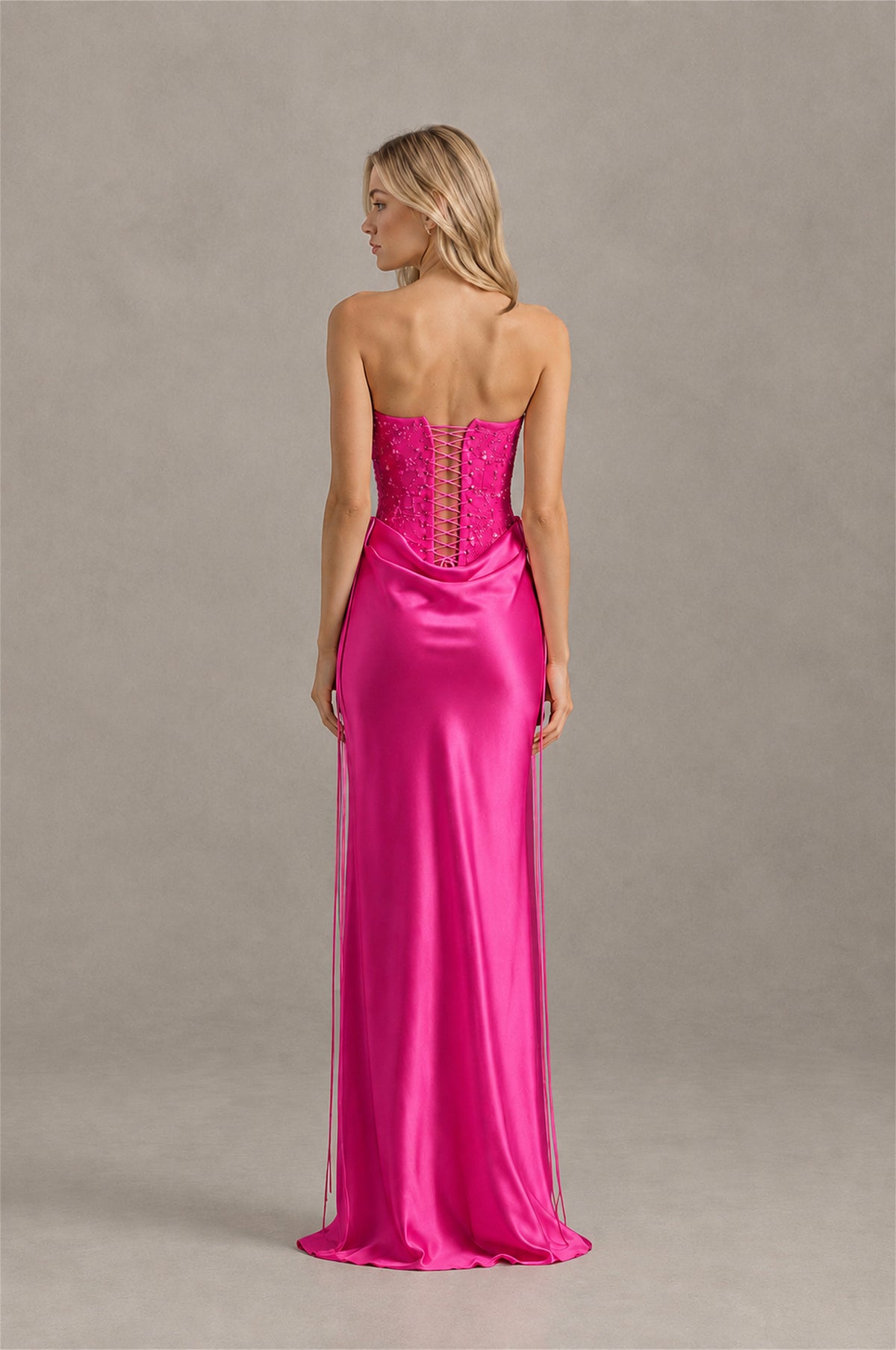 BOLODOO Hot Pink Strapless Embellished Corset Satin-Look Maxi Dress - Hot Pink