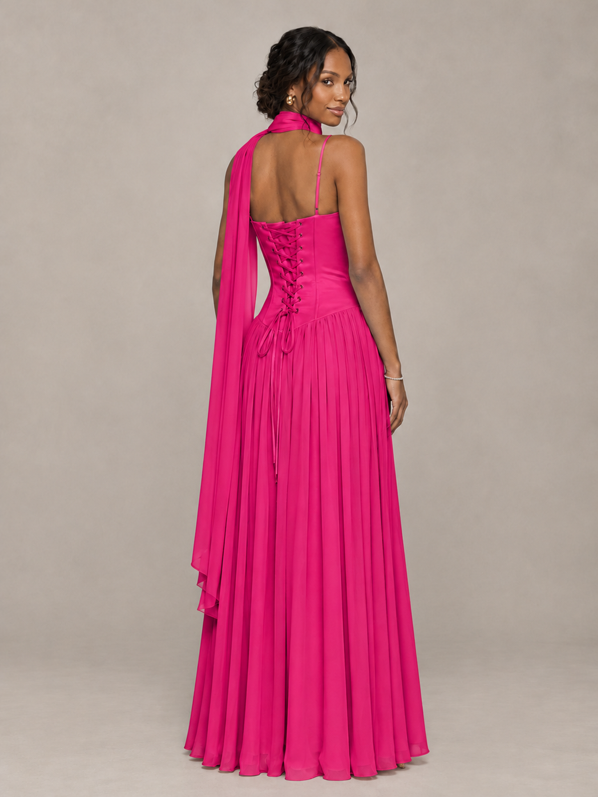 BOLODOO Hot Pink Corset Bridesmaid Dress with Scarf - Hot Pink - Hot Pink (2)