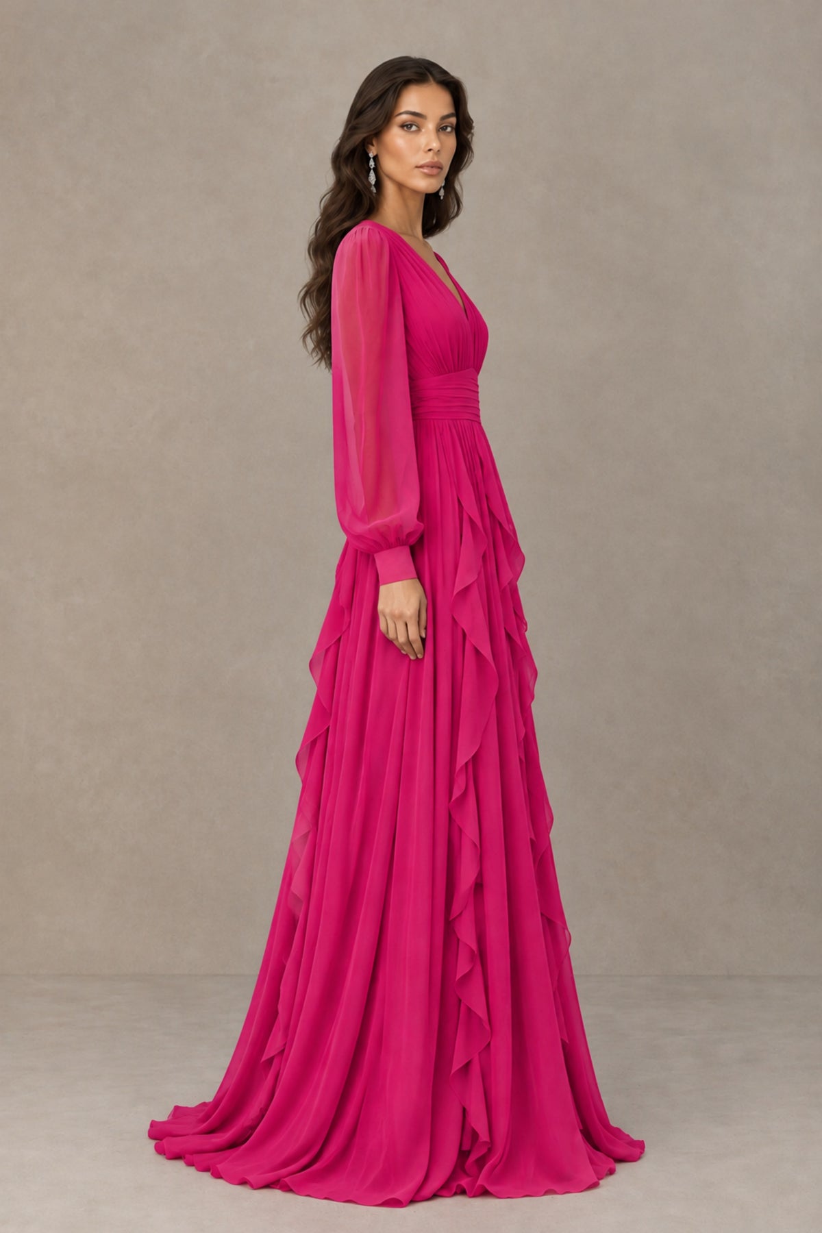 BOLODOO Hot Pink Long Sleeve V-Neck Ruffle Maxi Dress - Hot Pink