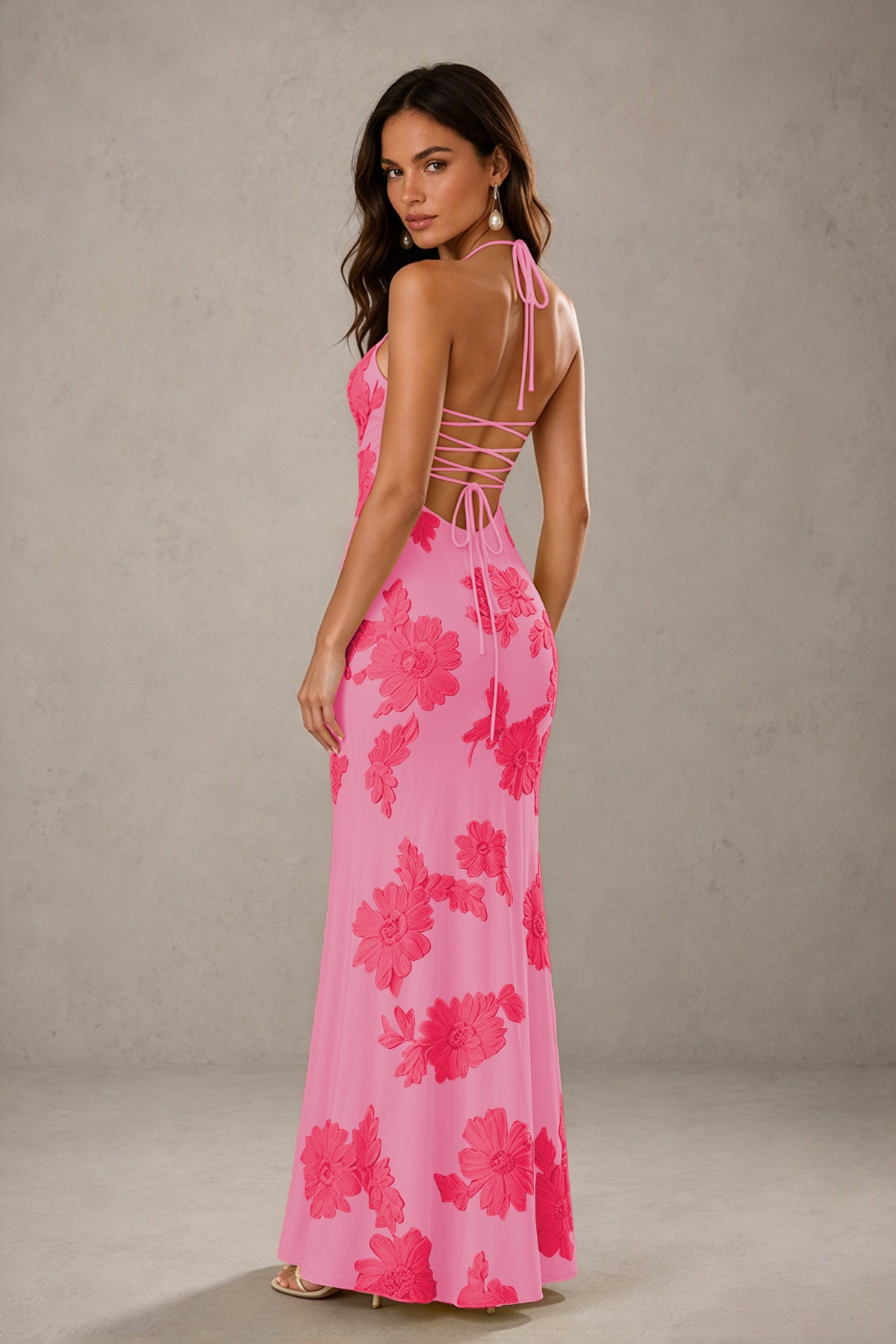 BOLODOO Hot Pink Halter Sweetheart Floral Embroidered Lace-Up Open Back Maxi Dress | BD0257 - Hot Pink