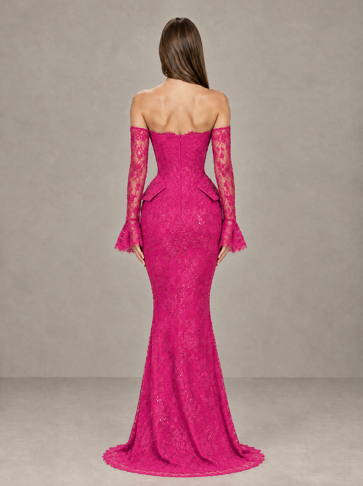 BOLODOO Hot Pink Lace Off-the-Shoulder Long Sleeve Mermaid Evening Gown - Hot Pink - Hot Pink (2)