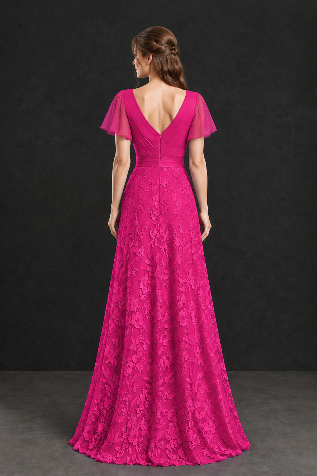 BOLODOO Hot Pink Flutter Sleeve Lace Mother of the Bride Dress - Hot Pink