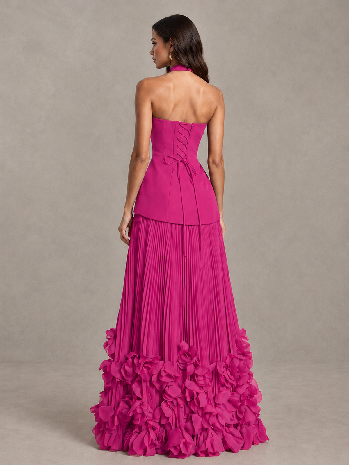 BOLODOO Hot Pink Halter Neck Floor-Length Evening Gown with High Slit & 3D Floral Hem - Hot Pink - Hot Pink (2)
