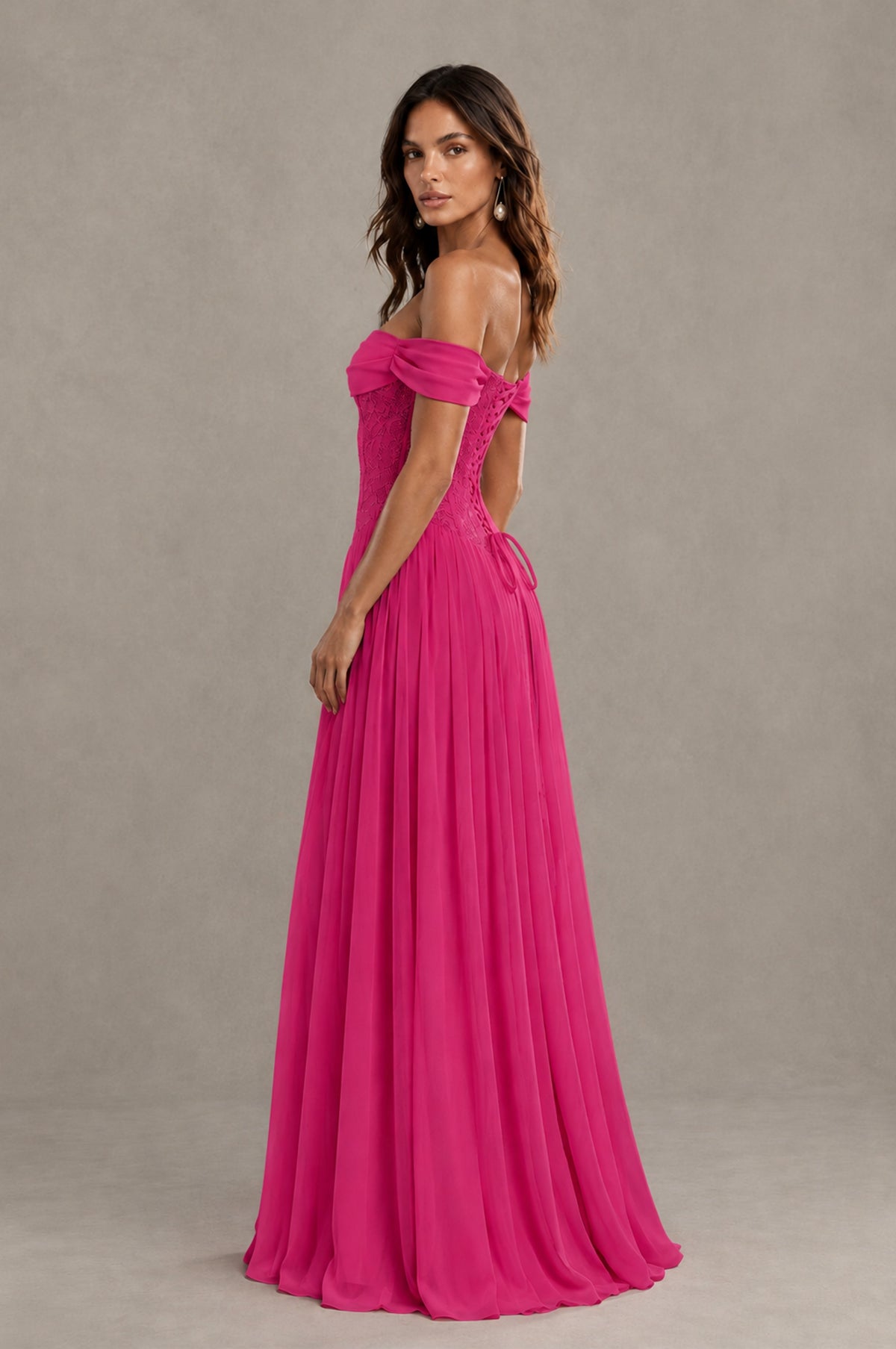 BOLODOO Hot Pink Off-Shoulder Lace Corset Tulle Maxi Dress - Hot Pink - Hot Pink (2)