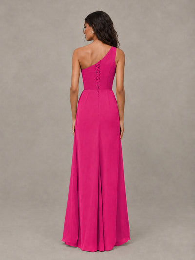 BOLODOO Hot Pink One-Shoulder Chiffon Bridesmaid Dress with Ruched Bodice & High Slit - Hot Pink - Hot Pink (2)