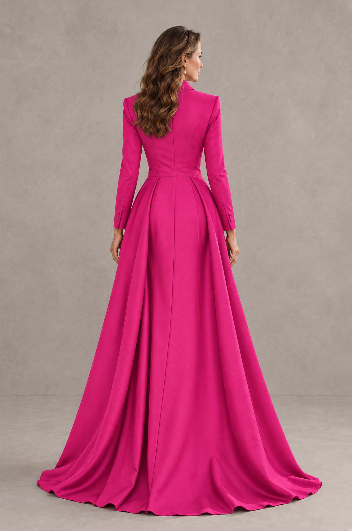 BOLODOO Hot Pink Long Sleeve Lace Blazer Gown with High Slit - Hot Pink - Hot Pink (2)