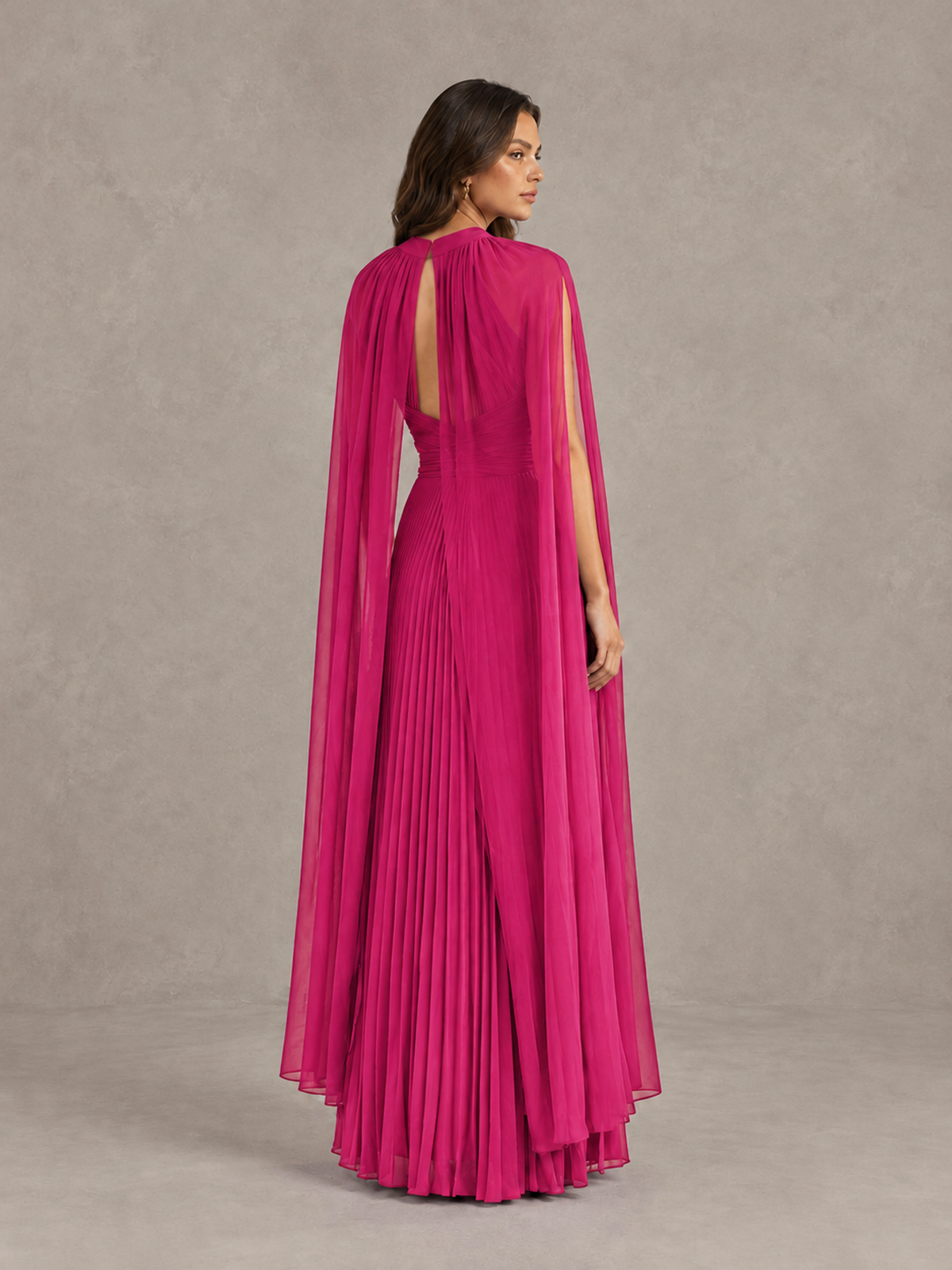 BOLODOO Hot Pink Pleated Cape Maxi Wedding Guest Dress - Hot Pink - Hot Pink (2)