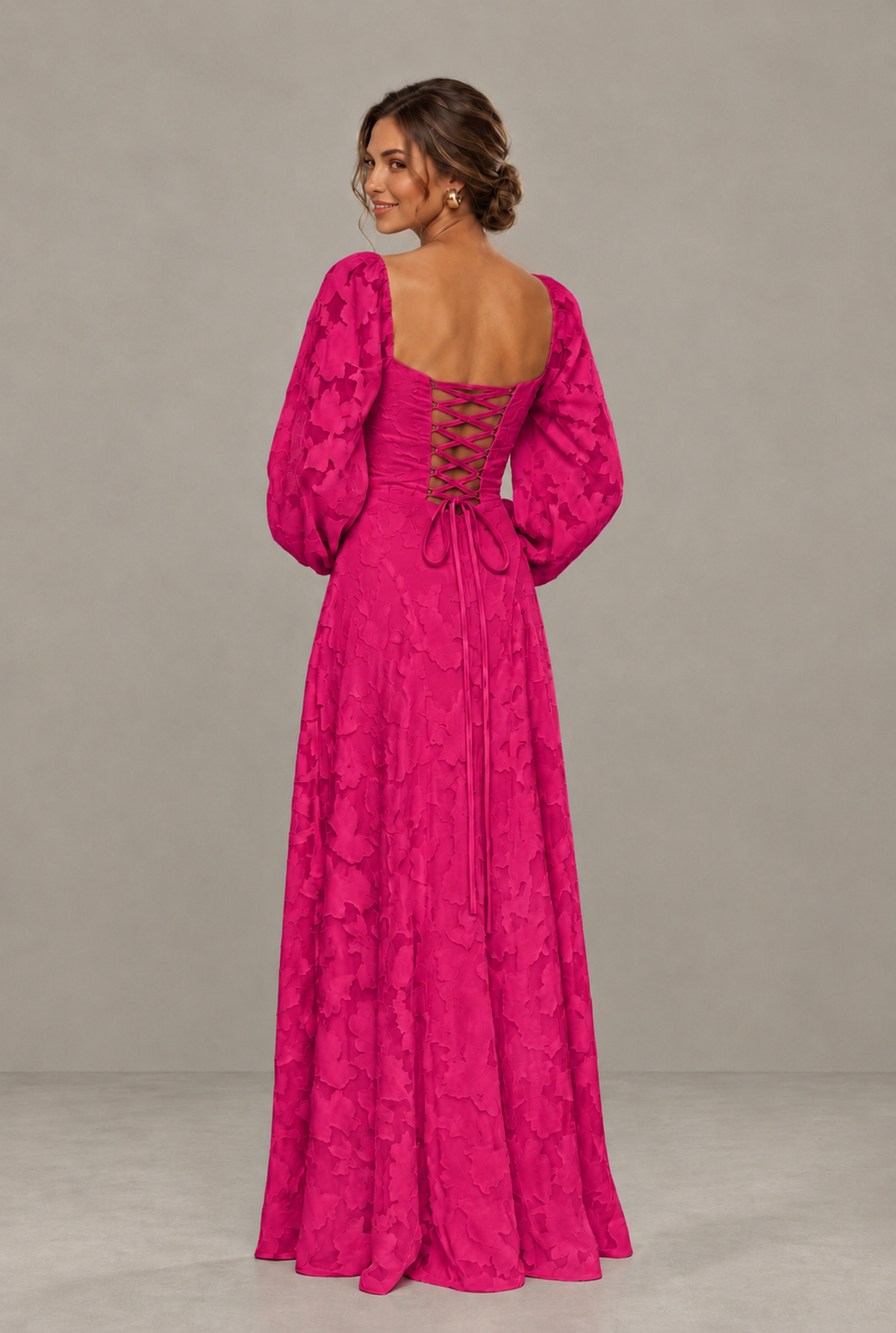 BOLODOO Floral Hot Pink Long Sleeve A-Line Dress with Lace-Up Back - Hot Pink