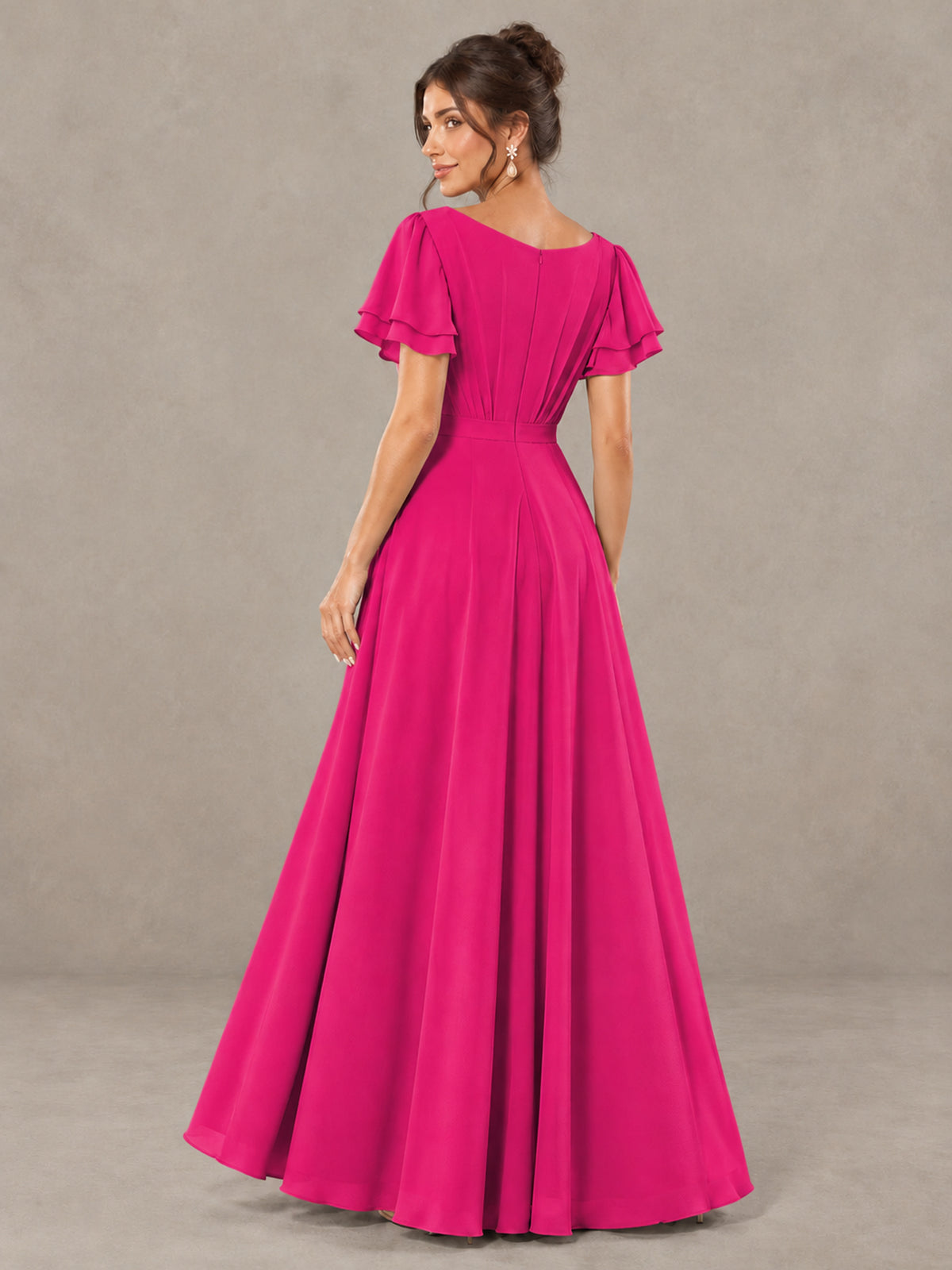 BOLODOO Hot Pink Flutter Sleeve Ruffle Bridesmaid Dress with Slit - Hot Pink - Hot Pink (2)