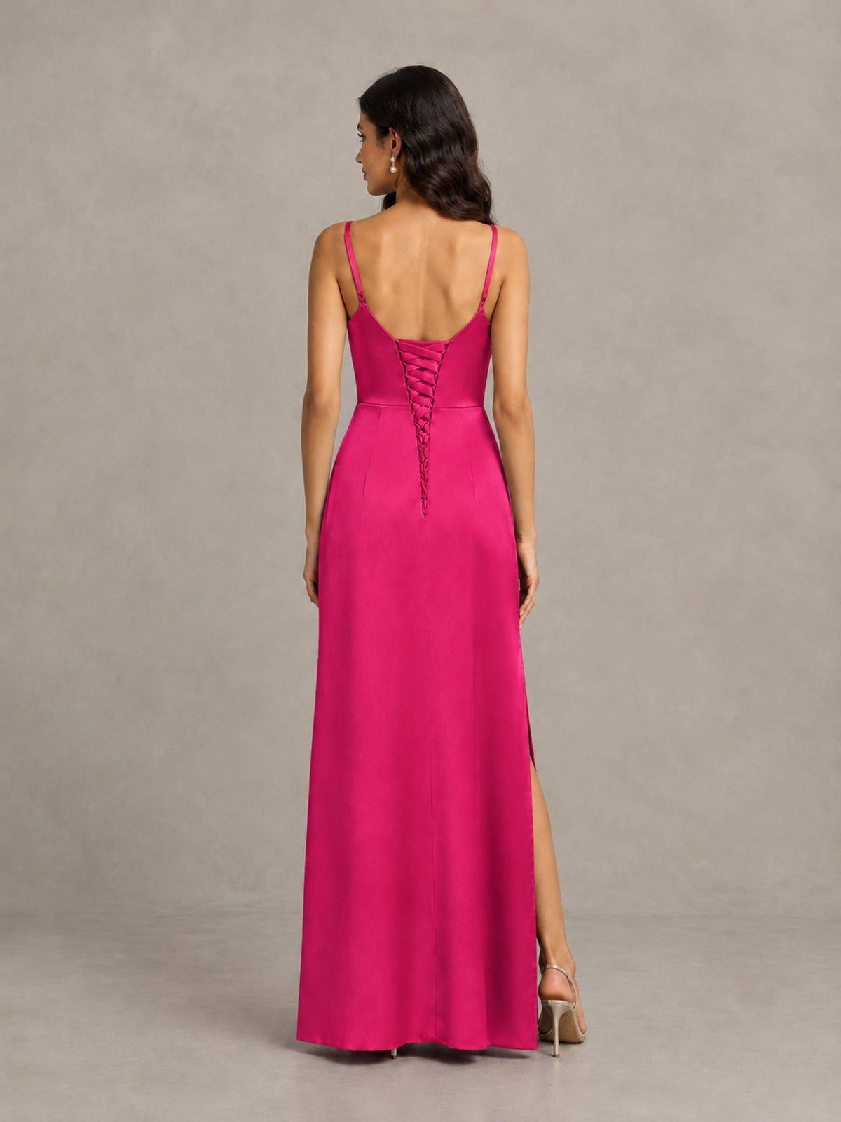 BOLODOO Hot Pink Cowl Neck Satin Bridesmaid Dress with Slit - Hot Pink - Hot Pink (2)
