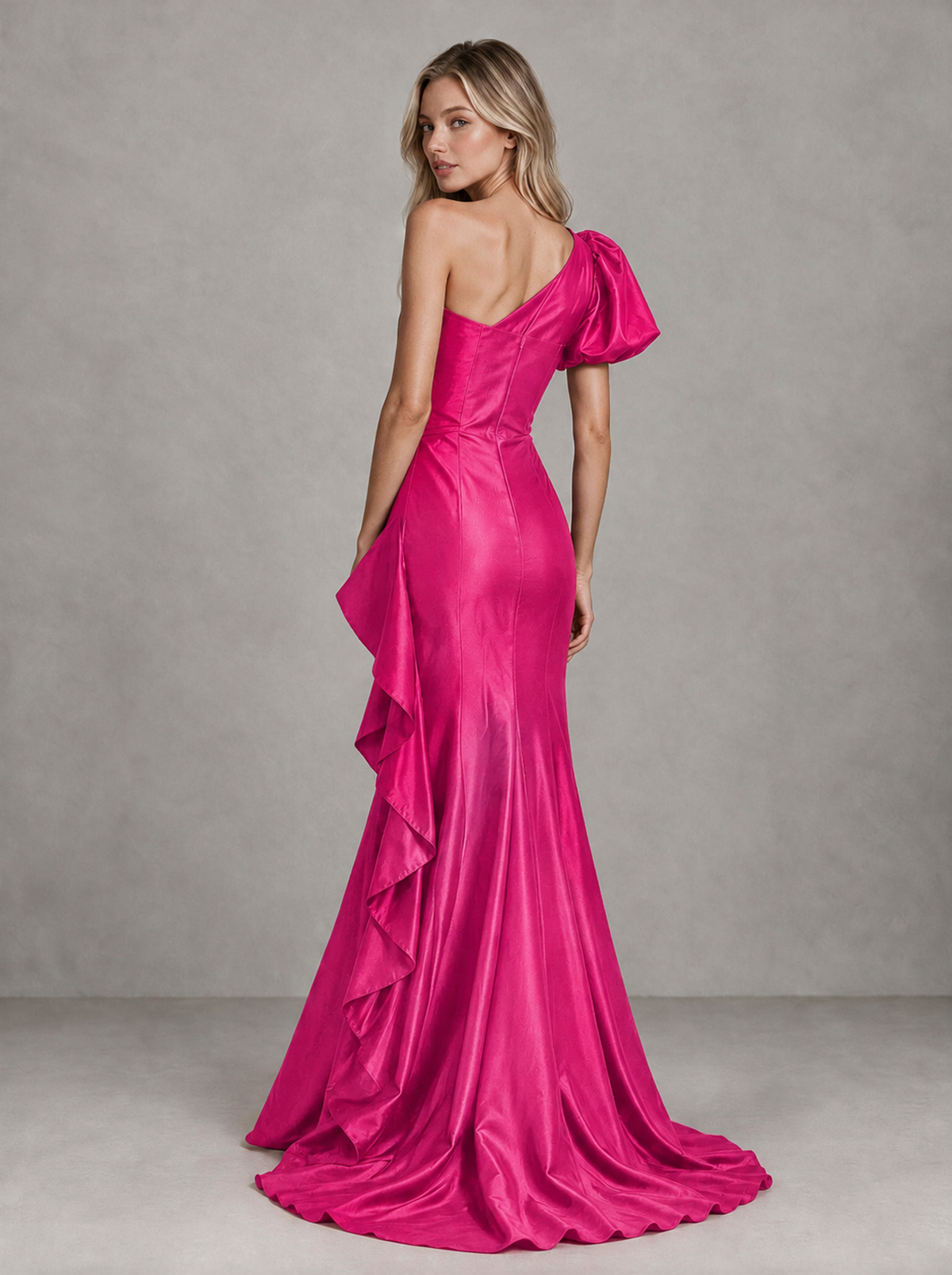 BOLODOO Hot Pink One-Shoulder Satin-Look Mermaid Evening Dress with Ruffles - Hot Pink - Hot Pink (2)