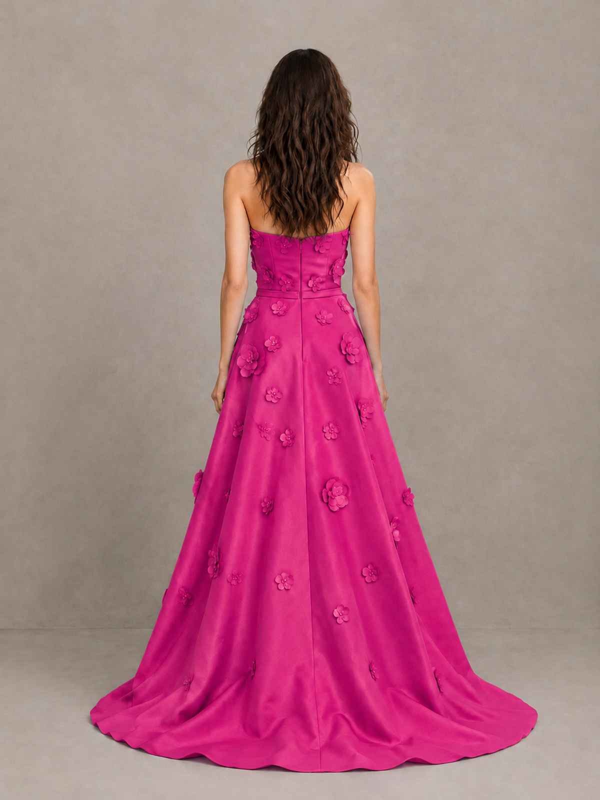 BOLODOO Hot Pink Strapless 3D Floral Applique Prom Gown with Draped Skirt - Hot Pink - Hot Pink (2)