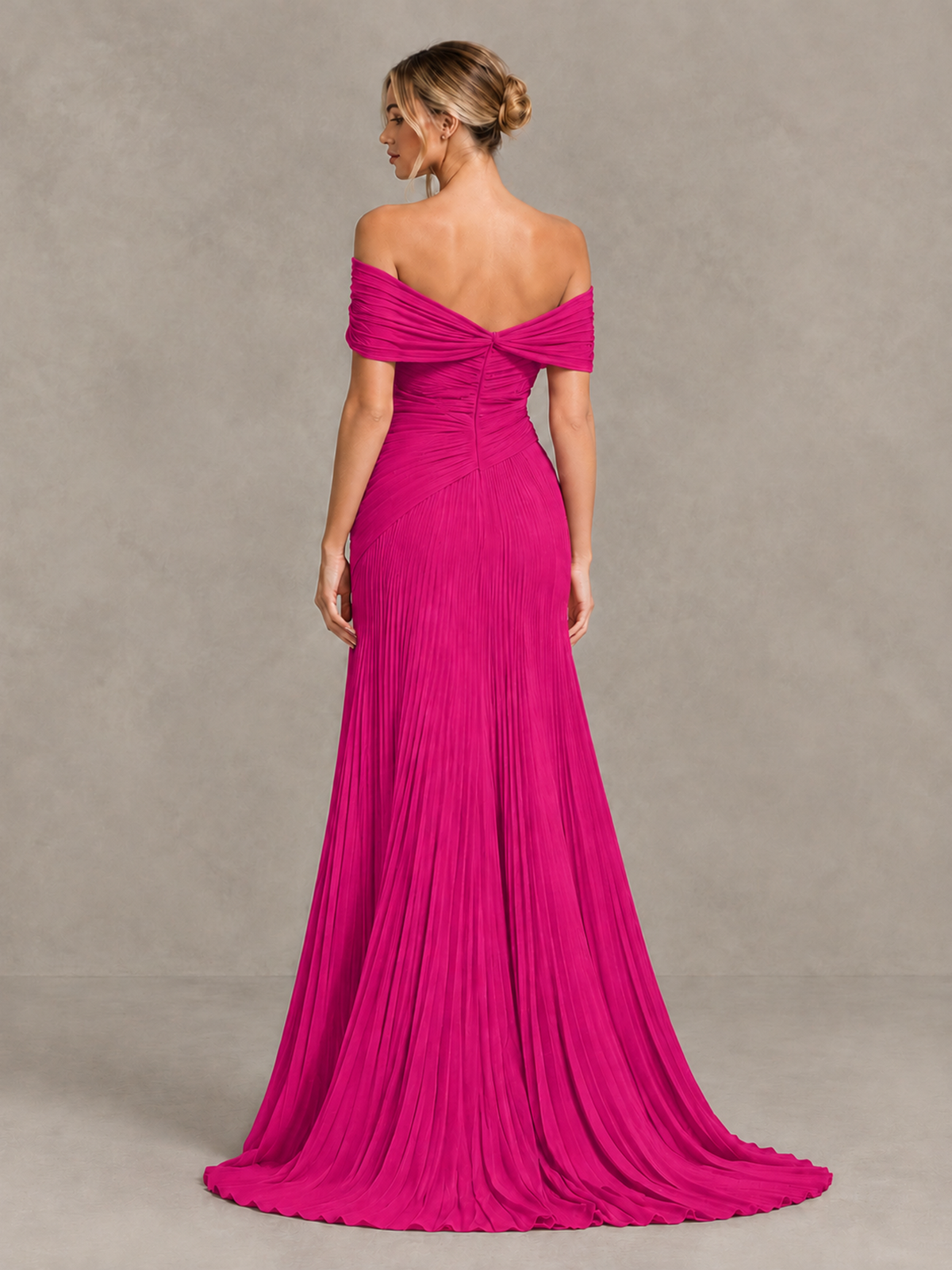 BOLODOO Hot Pink Off-Shoulder Ruched Pleated Maxi Dress with High Slit - Hot Pink - Hot Pink (2)