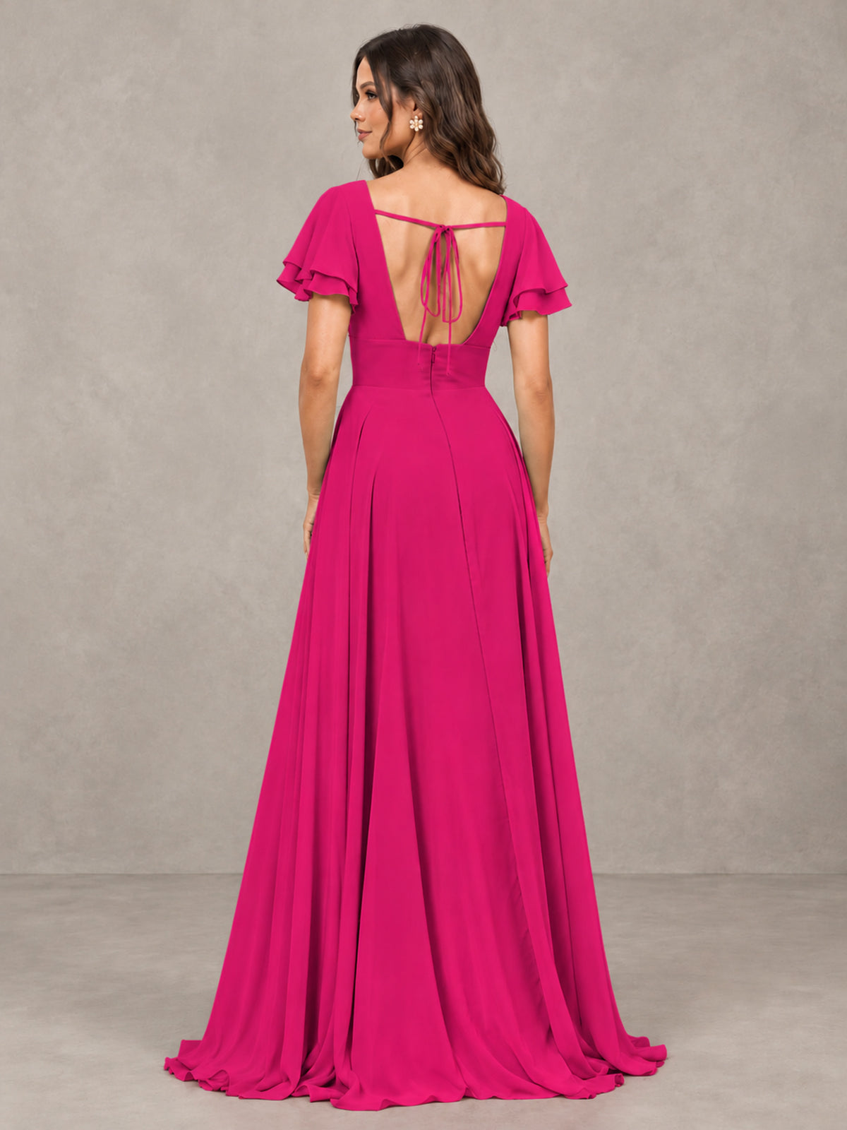 BOLODOO Hot Pink Flutter Sleeve Chiffon A-Line Maxi Bridesmaid Dress with Open Back & Slit - Hot Pink - Hot Pink (2)