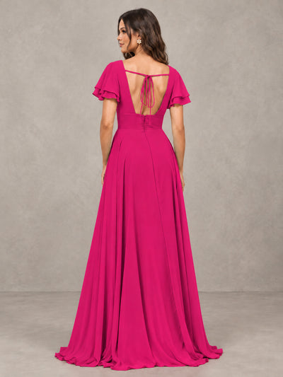 BOLODOO Hot Pink Flutter Sleeve Chiffon A-Line Maxi Bridesmaid Dress with Open Back & Slit - Hot Pink - Hot Pink (2)
