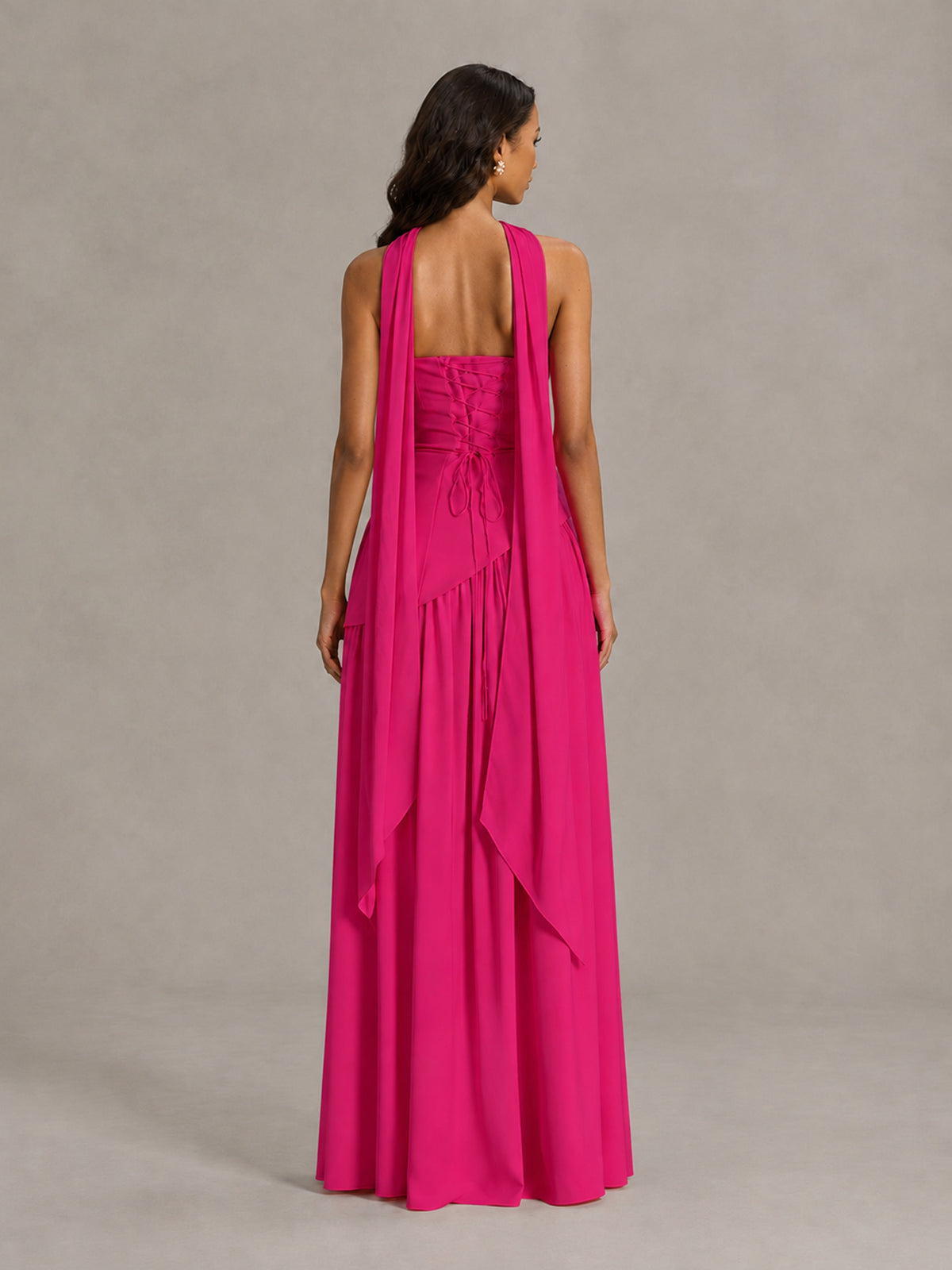 Hot Pink Strapless Bridesmaid Dress with Scarf & High Slit - Hot Pink - Hot Pink (2)