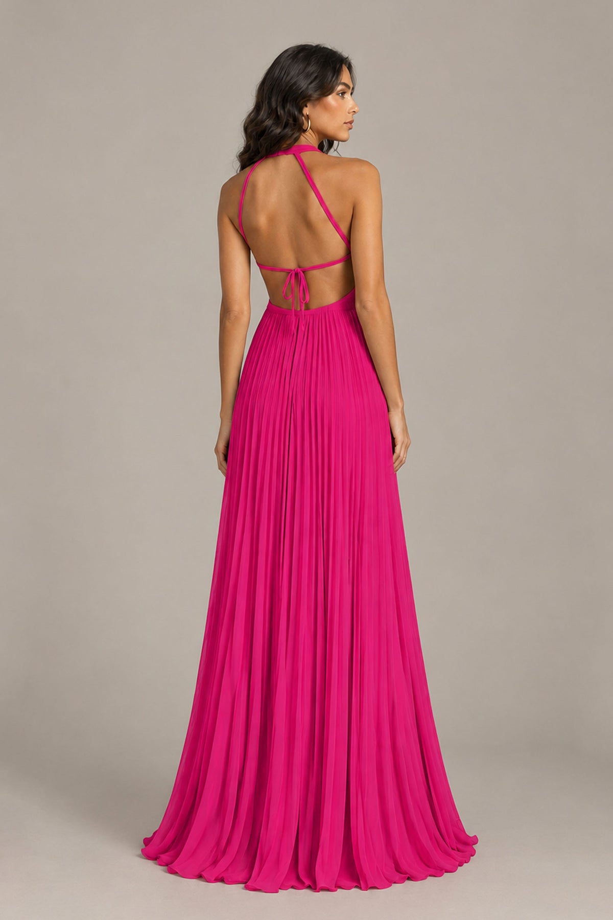 BOLODOO Hot Pink Halter Neck Pleated Chiffon Maxi Dress with Side Slit - Hot Pink