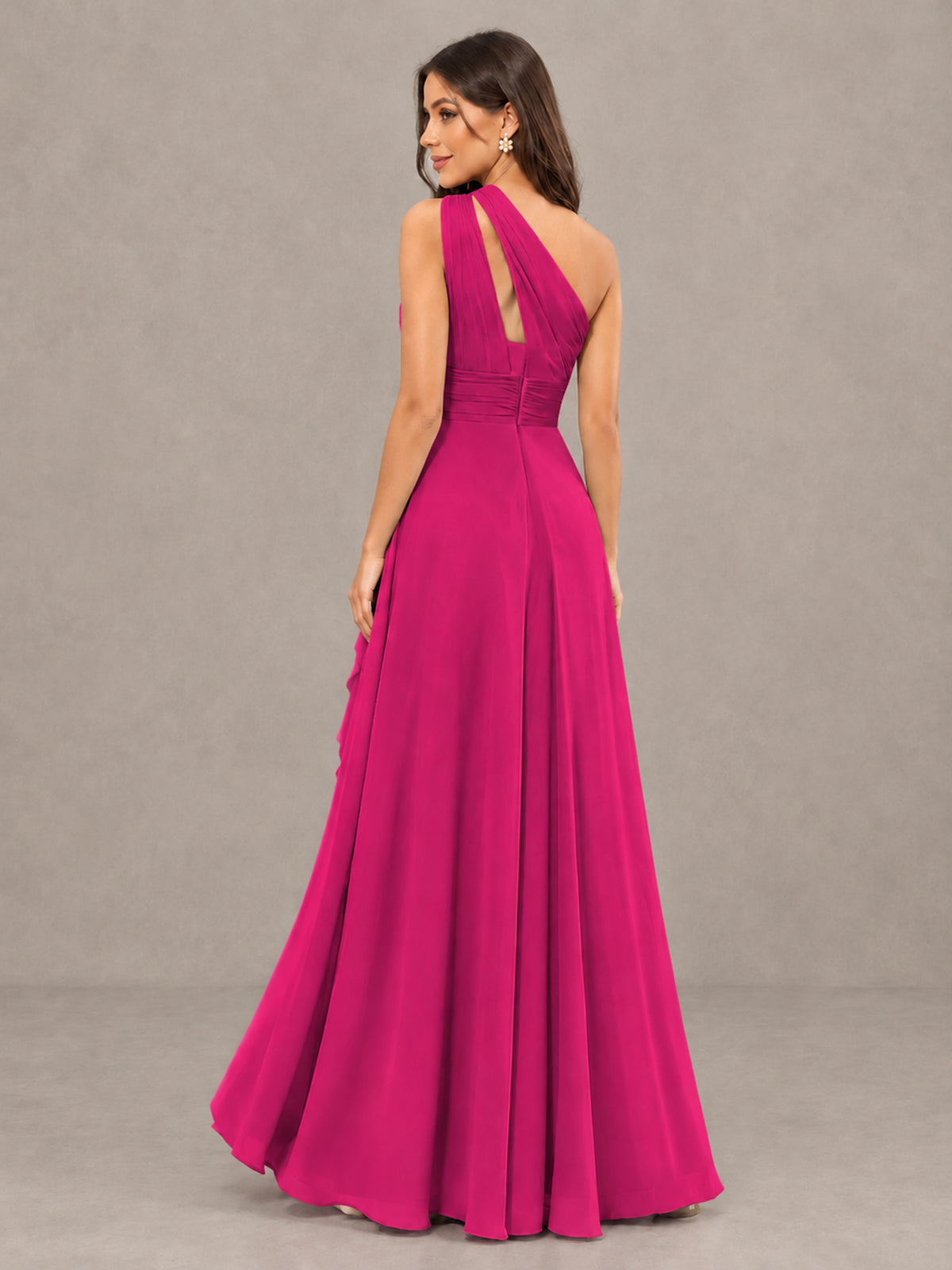 BOLODOO Hot Pink One-Shoulder Ruffle Bridesmaid Dress with Slit - Hot Pink - Hot Pink (2)