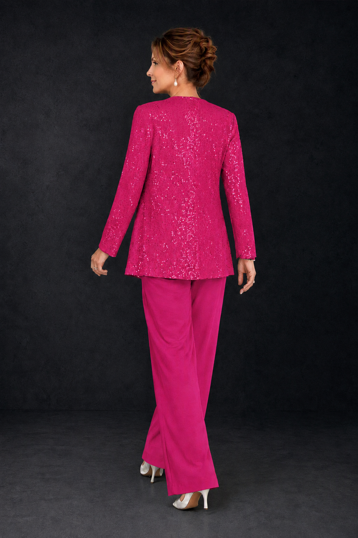 BOLODOO Hot Pink Sequin Lace 3-Piece Pant Suit with Long Sleeve Jacket - Hot Pink - Hot Pink (2)