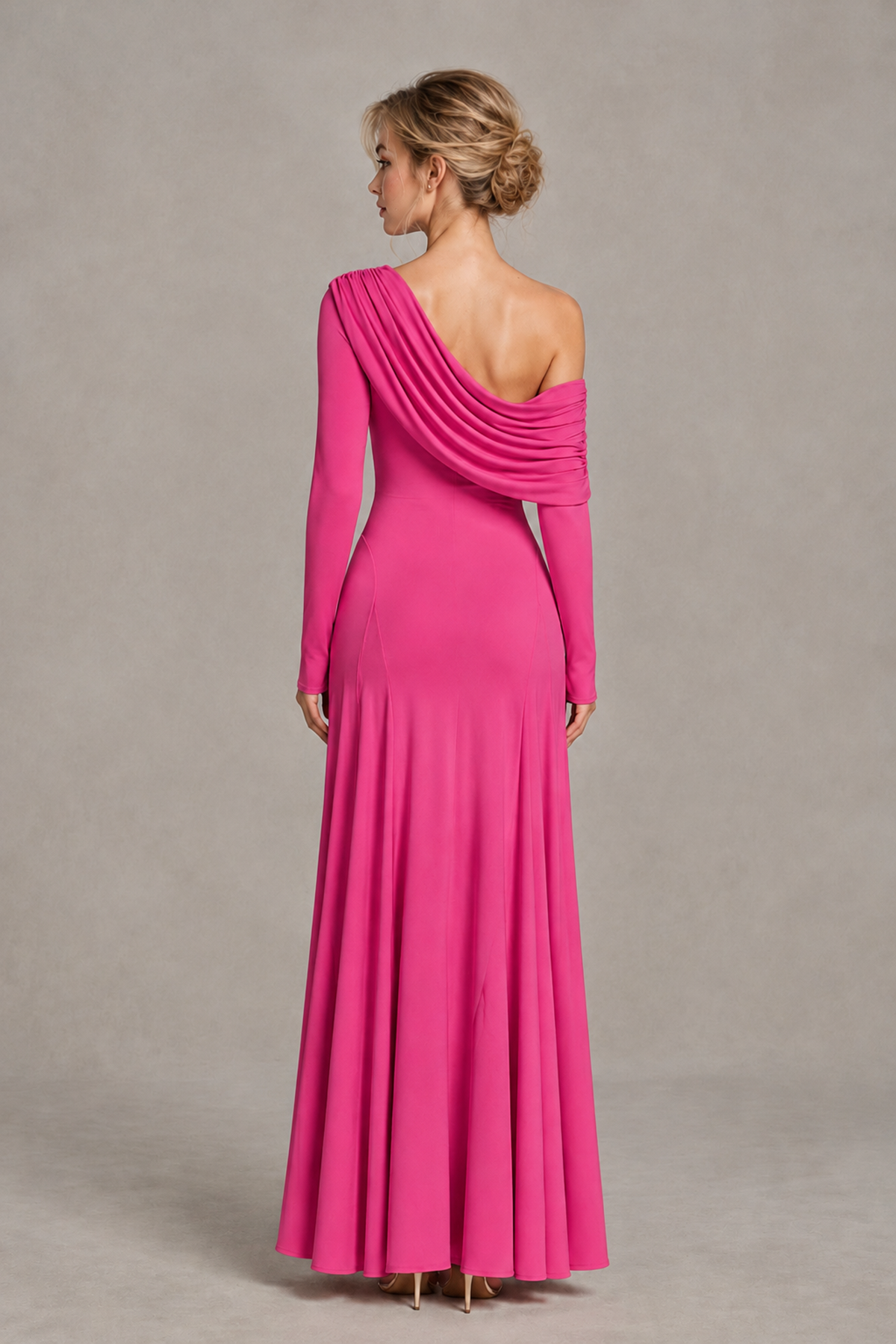 BOLODOO Hot Pink Asymmetric Draped Long Sleeve Evening Gown - Hot Pink