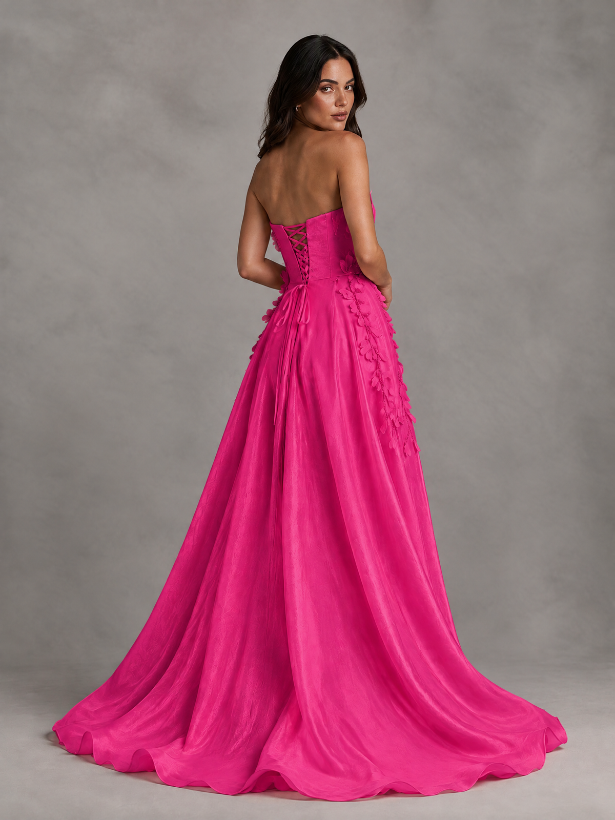 BOLODOO Hot Pink Strapless Floral Applique Prom Dress with Overskirt - Hot Pink - Hot Pink (2)
