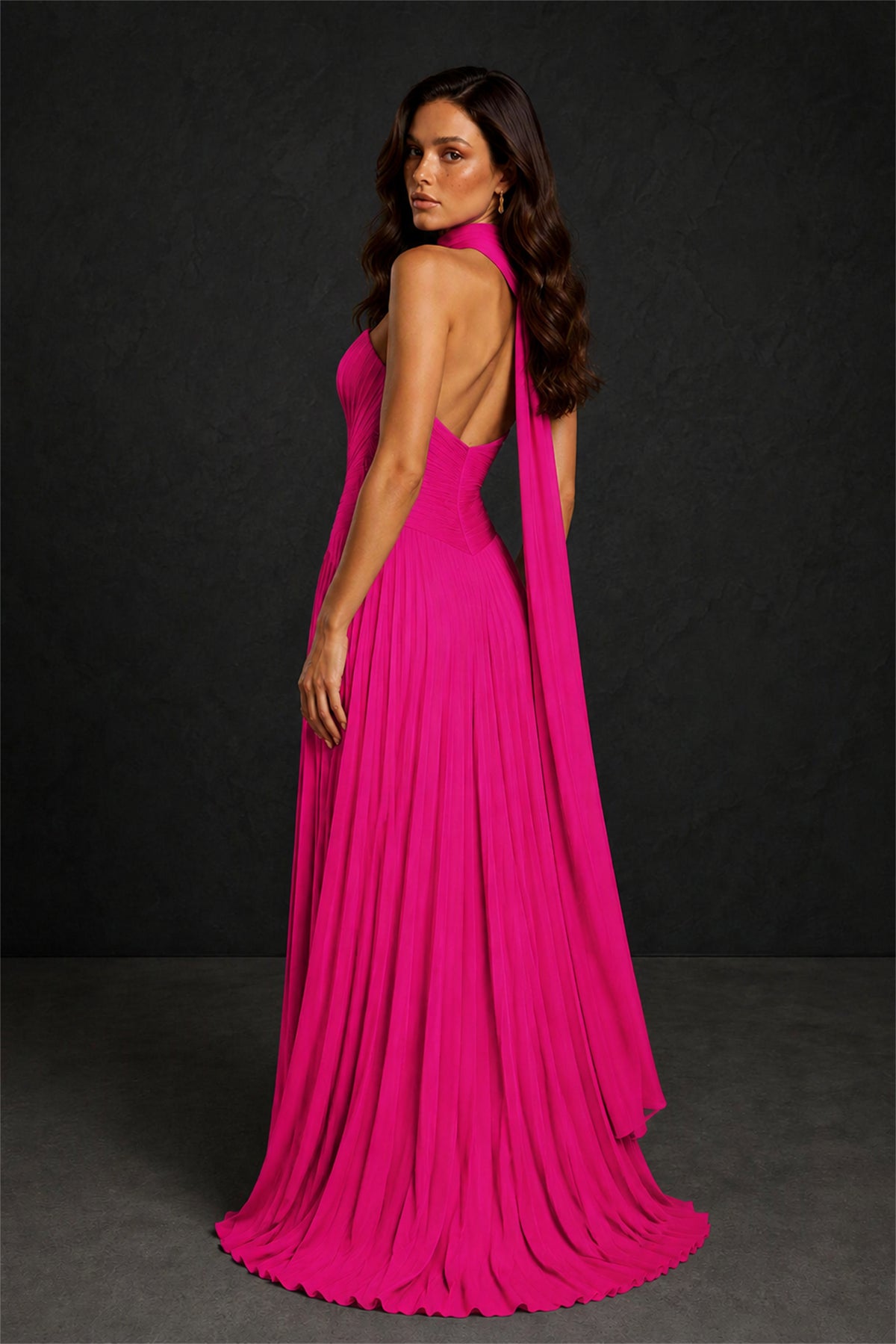 BOLODOO Hot Pink Sweetheart Strapless Neck Scarf Pleated Backless A-Line Chiffon Maxi Dress - Hot Pink